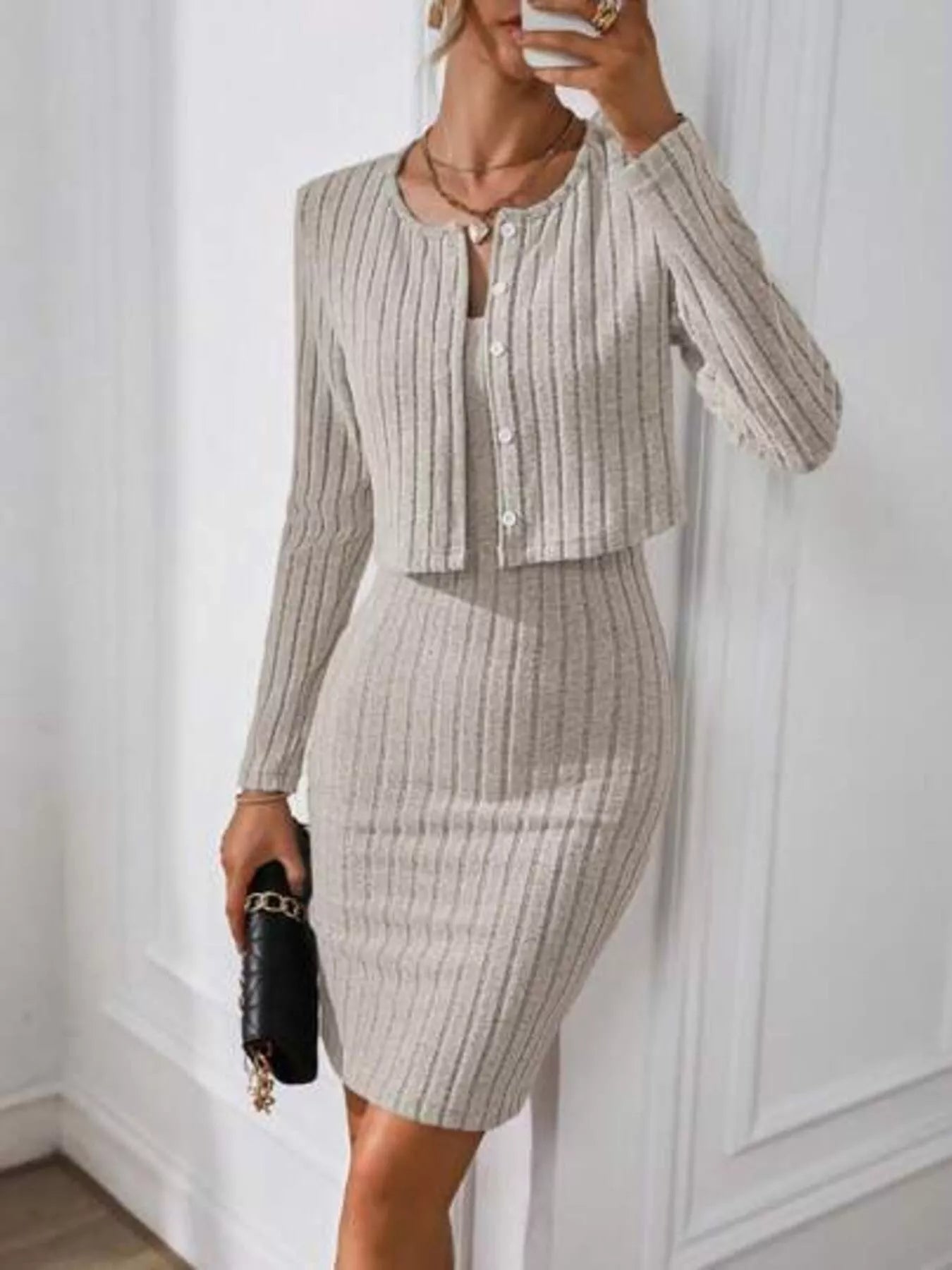 Ribbed Knit Bodycon Cami Dress with Cardigan - PBNJ FASHIONS