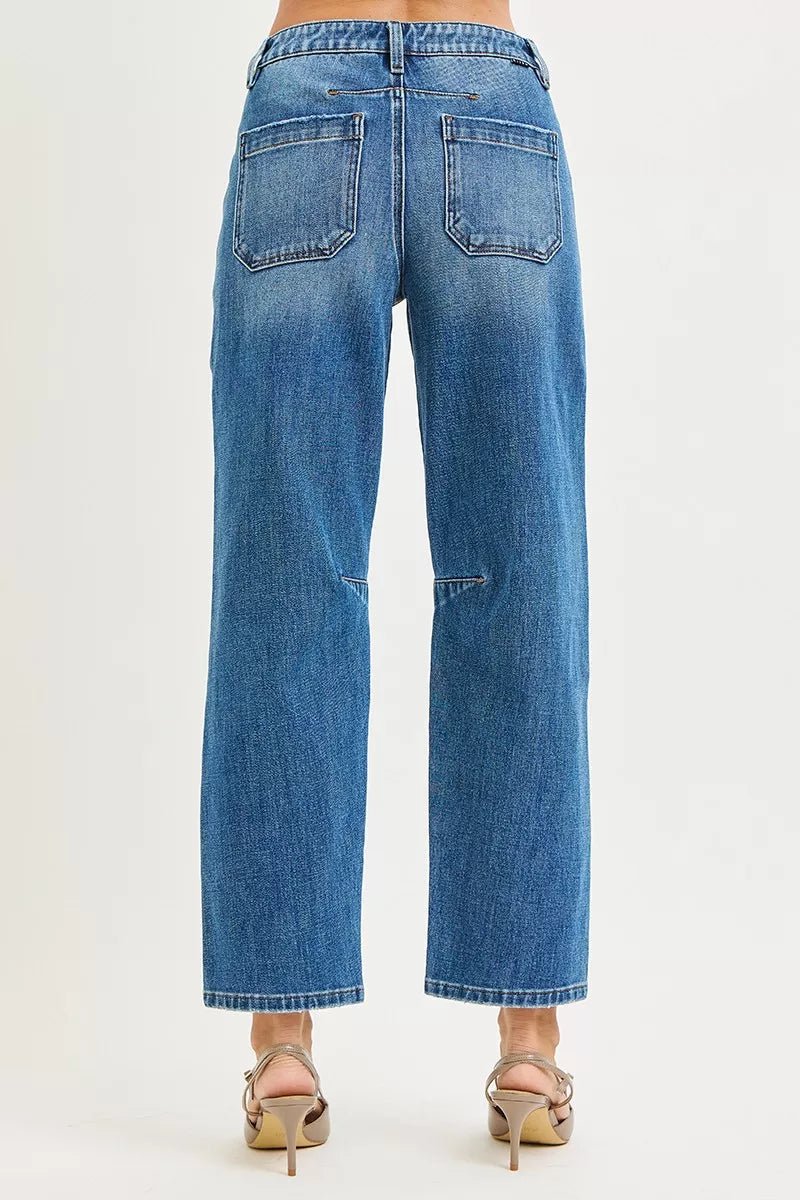 RISEN 4 Way Stretch Mid Rise Barrel Jeans with Patch Pocket Detail - PBNJ FASHIONS