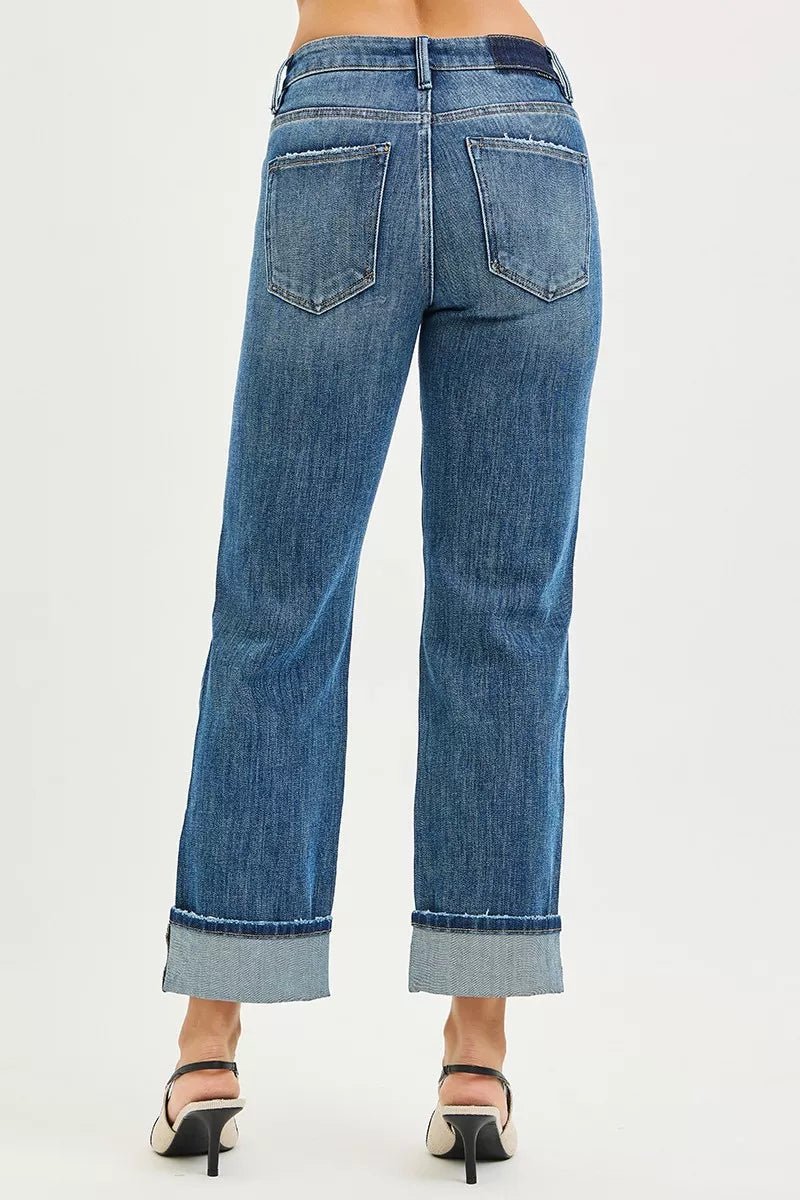 RISEN Full Size 4 Way Stretch Slouchy Straight Jeans with Cuffed Hem Plus Size - PBNJ FASHIONS
