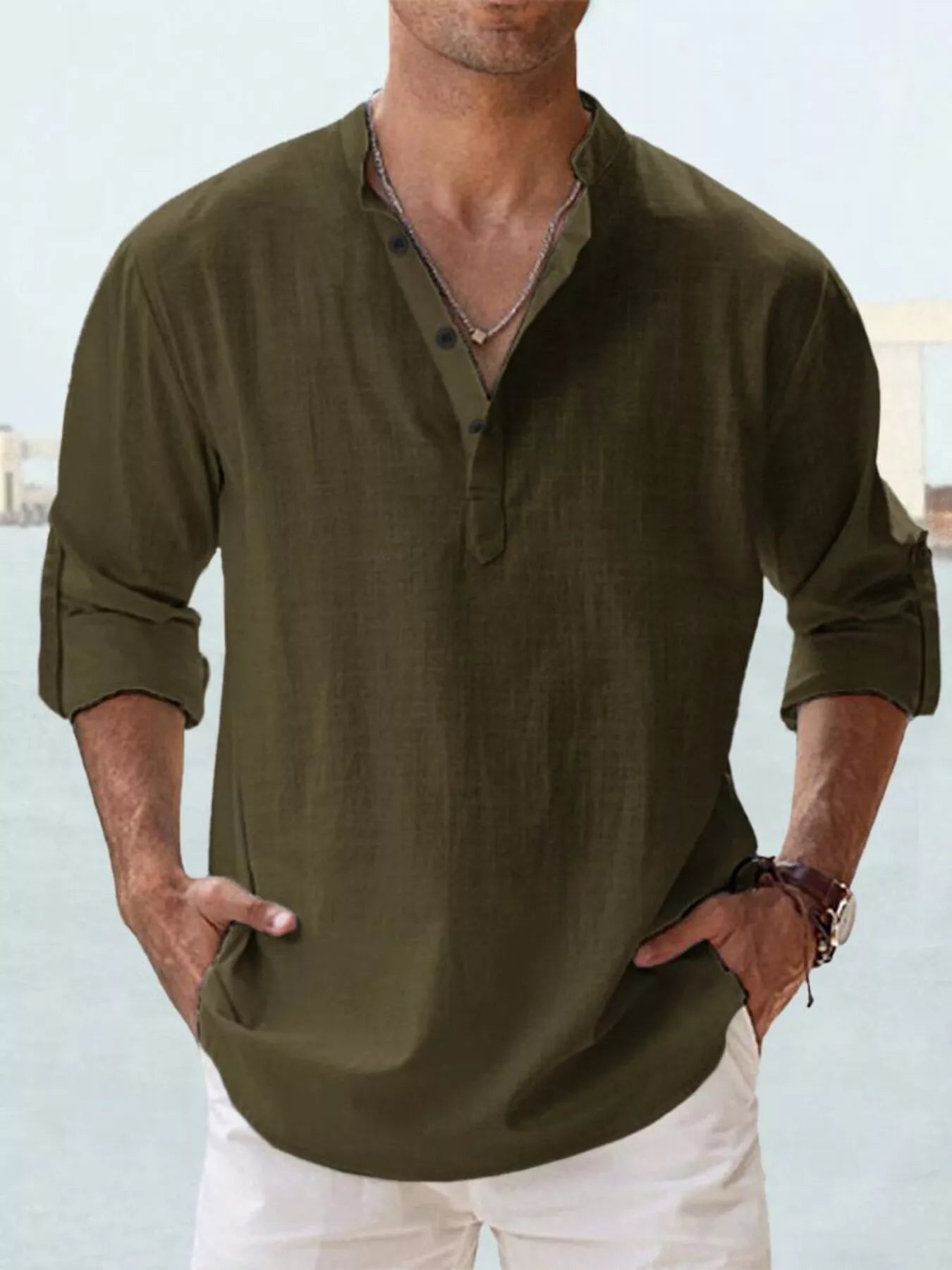 Men's Full Size Casual Button Detail Roll - Up Sleeve Blouse Plus Size - PBNJ FASHIONS