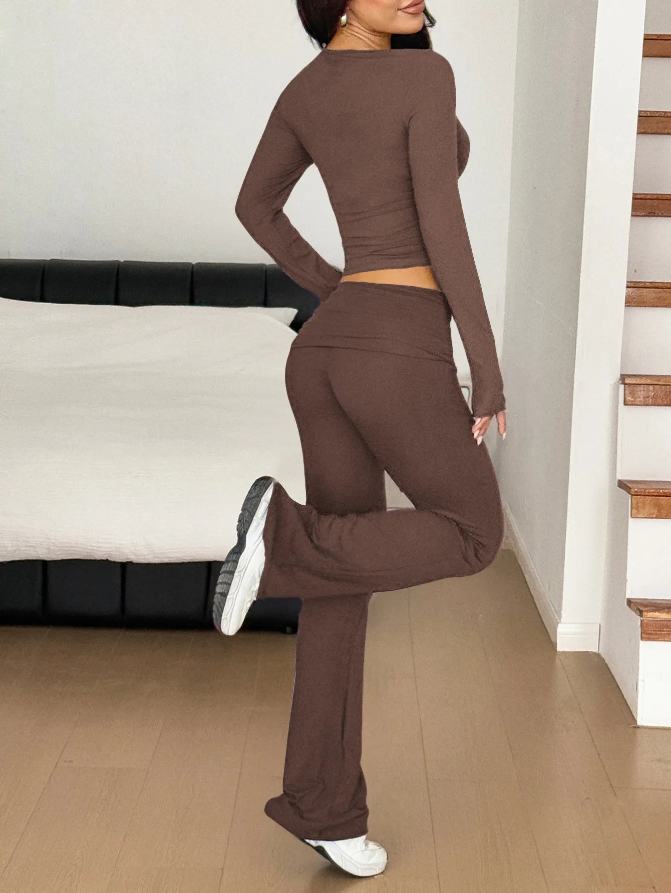 Long Sleeve Crop Top and Bootcut Pants Set - PBNJ FASHIONS