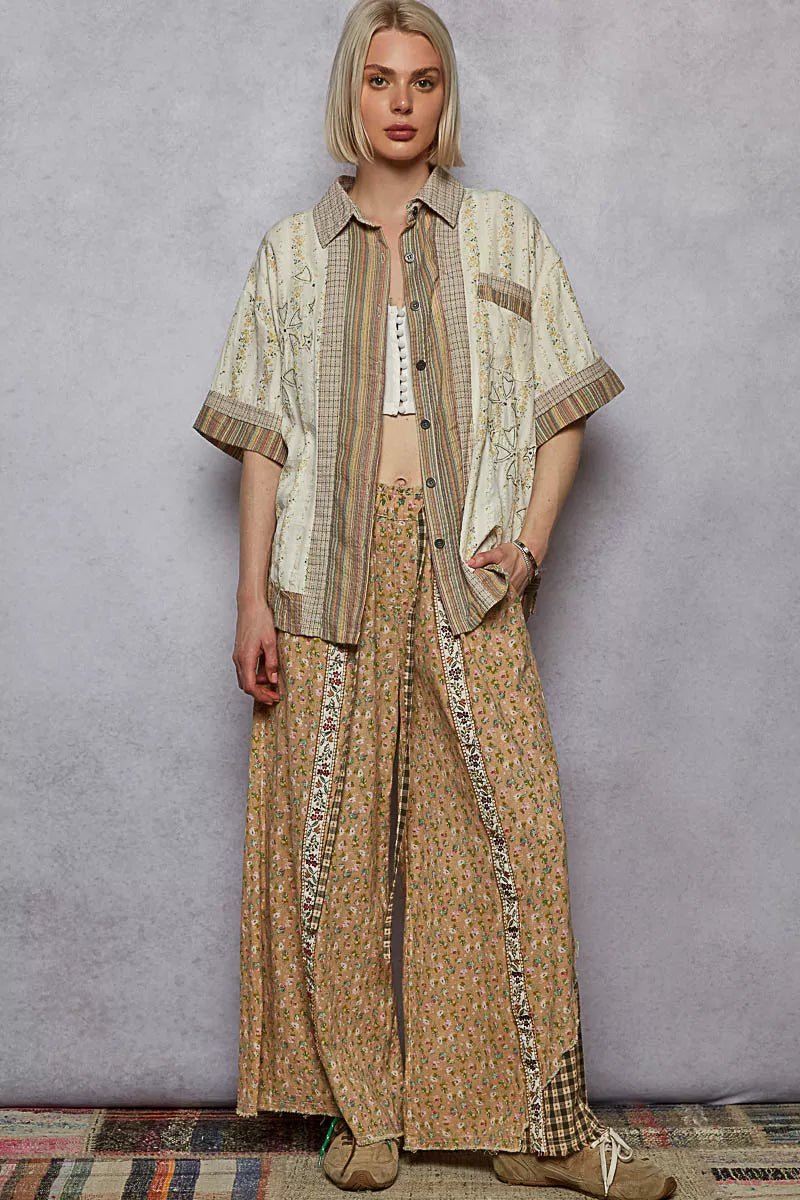 POL Printed Button Down Patchwork Short Sleeve Shirt - PBNJ FASHIONS