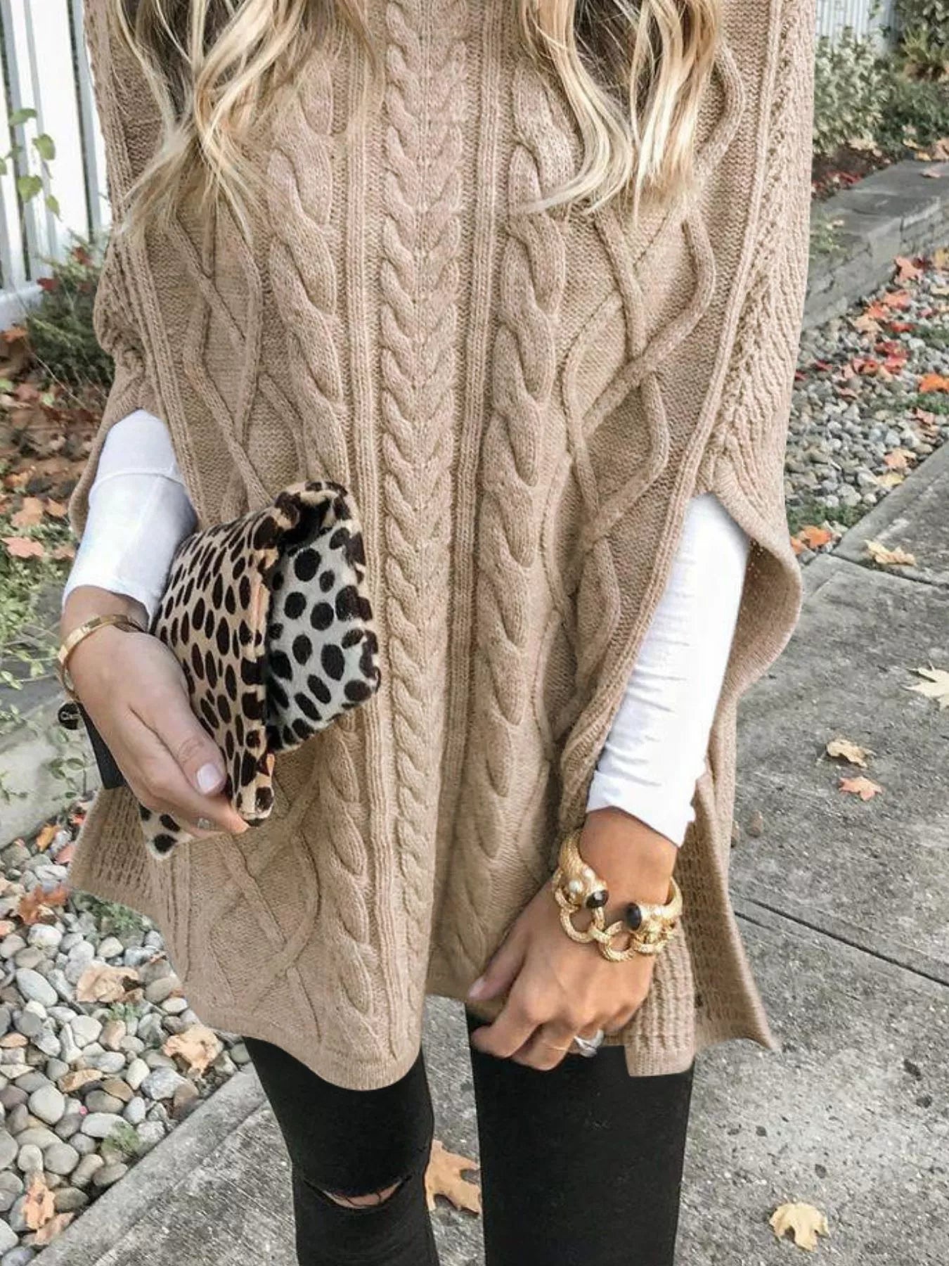 Chunky Cable Knit Turtleneck Poncho Cover Up - PBNJ FASHIONS