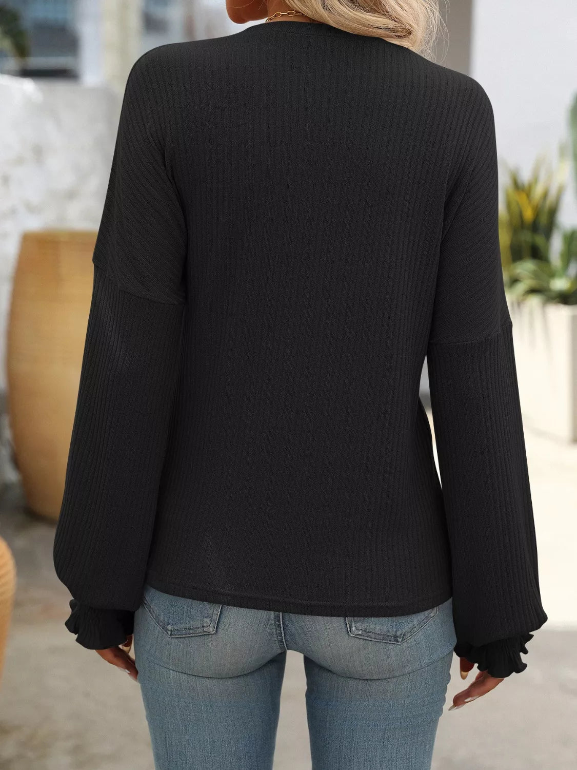 Ribbed Knit Ruffle Cuff T-Shirt - PBNJ FASHIONS