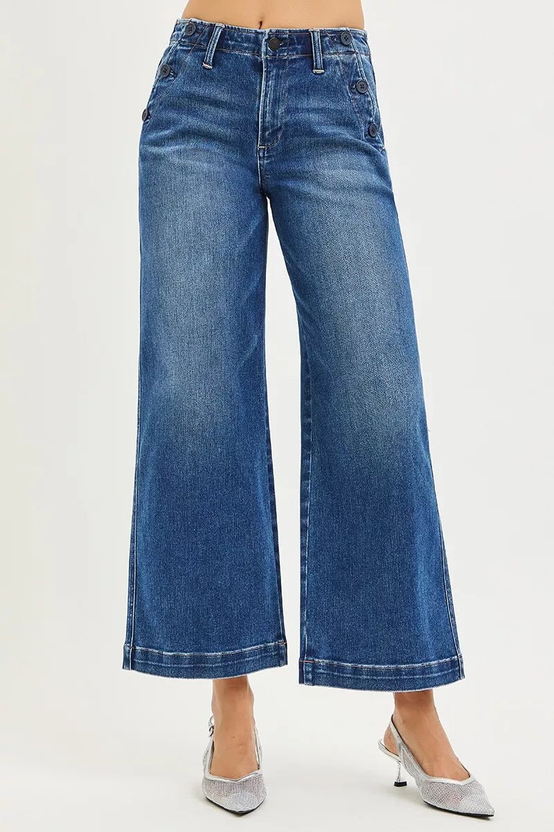 RISEN High Rise Wide Leg Jeans With Pocket Button Detail - PBNJ FASHIONS