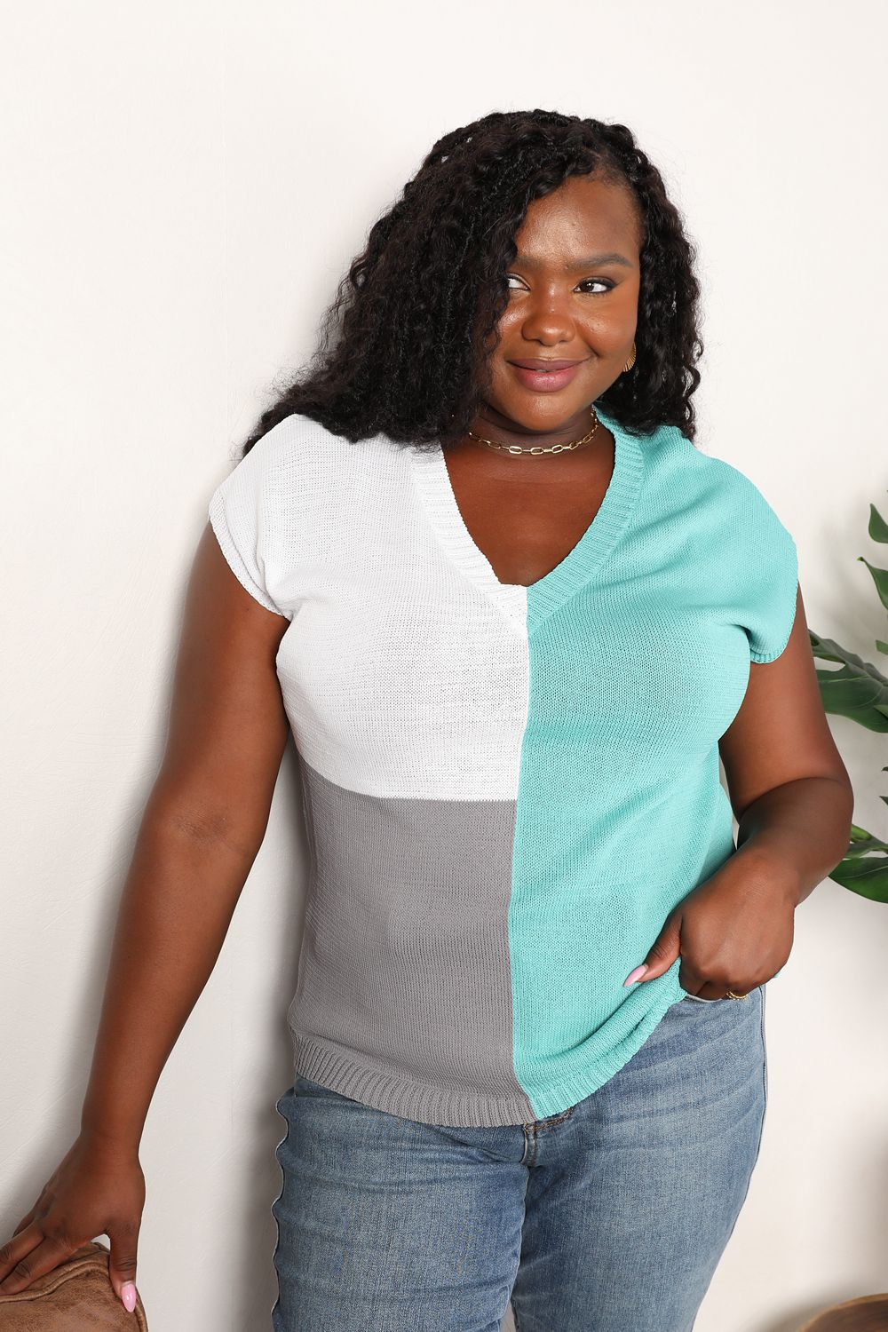 Color Block V - Neck Knit Top - PBNJ FASHIONS