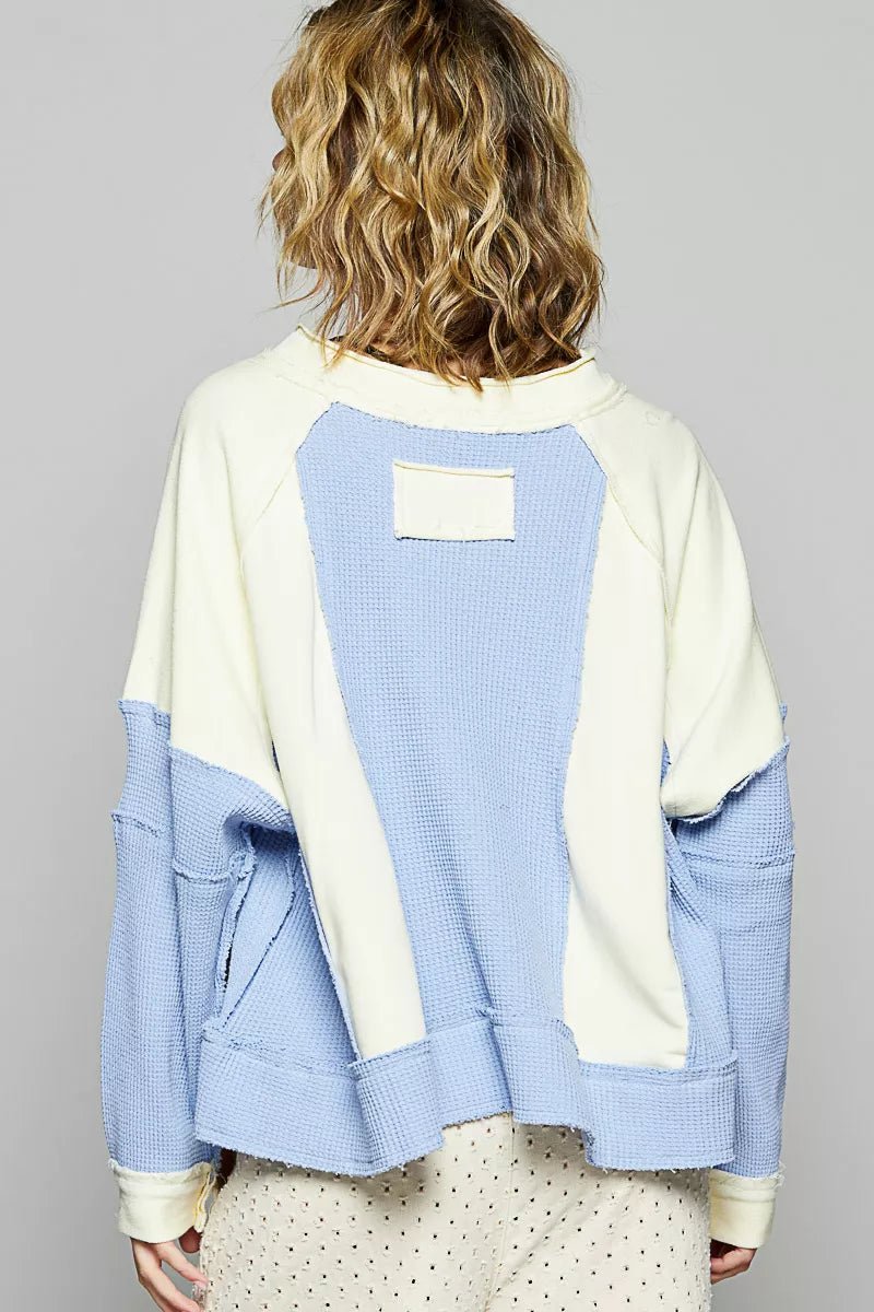 POL Color Block Waffle Knit Raw Hem Sweatshirt - PBNJ FASHIONS