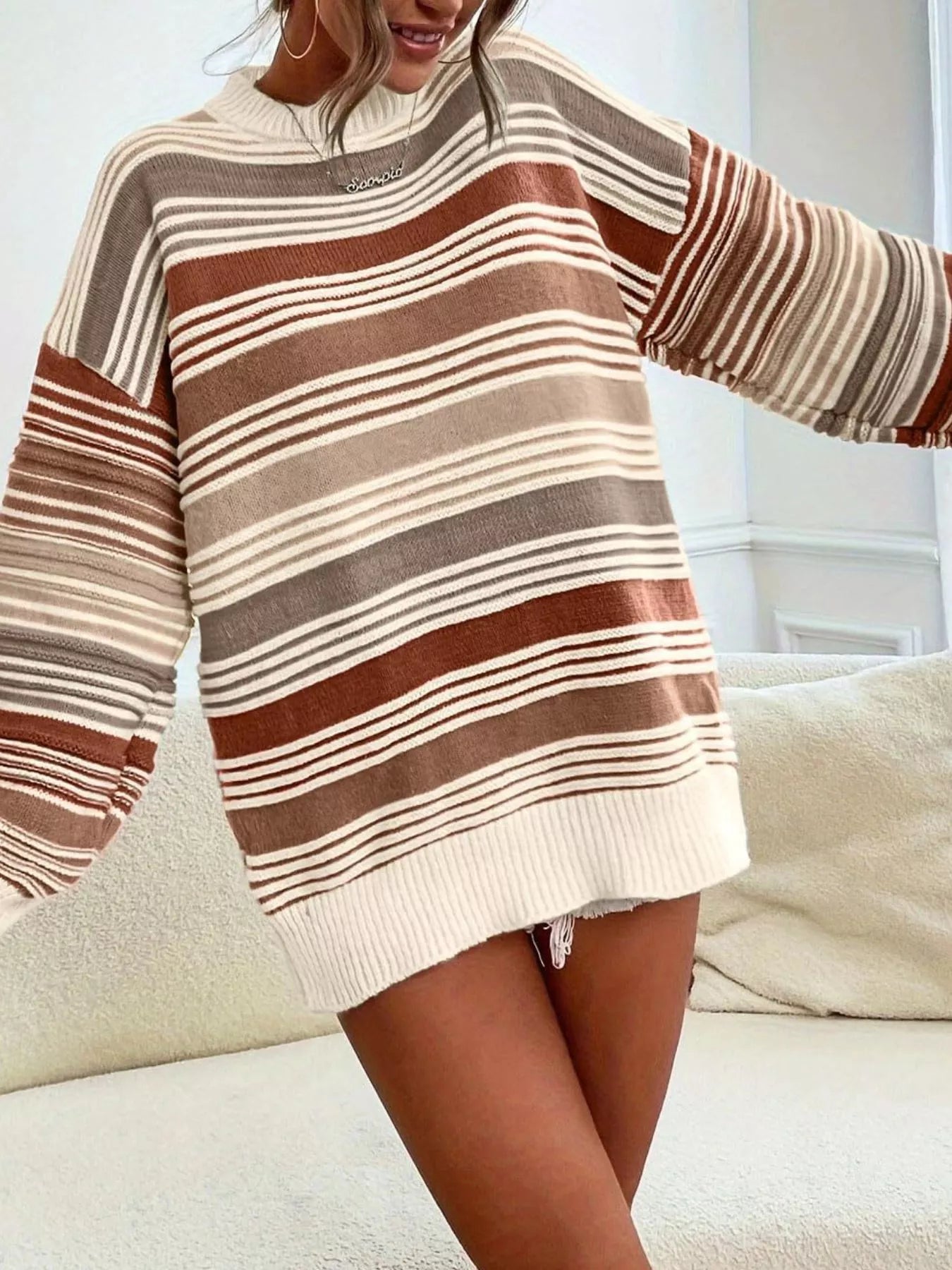 Striped Knit Long Sleeve Sweater - PBNJ FASHIONS
