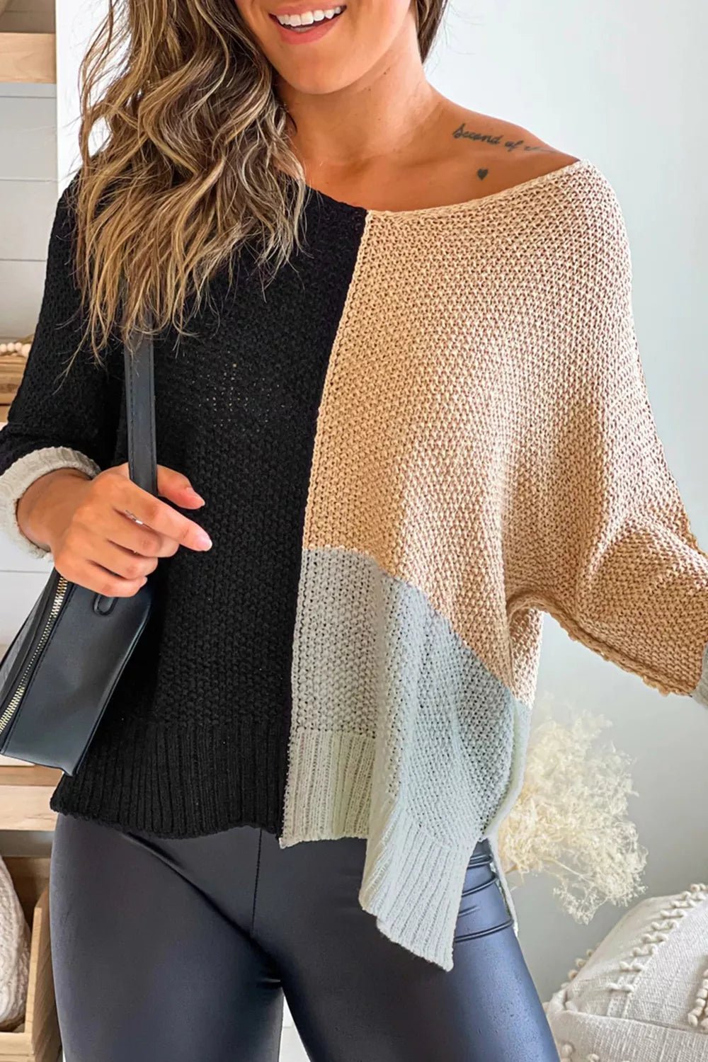 Color Block Knit V Neck Loose Sweater - PBNJ FASHIONS