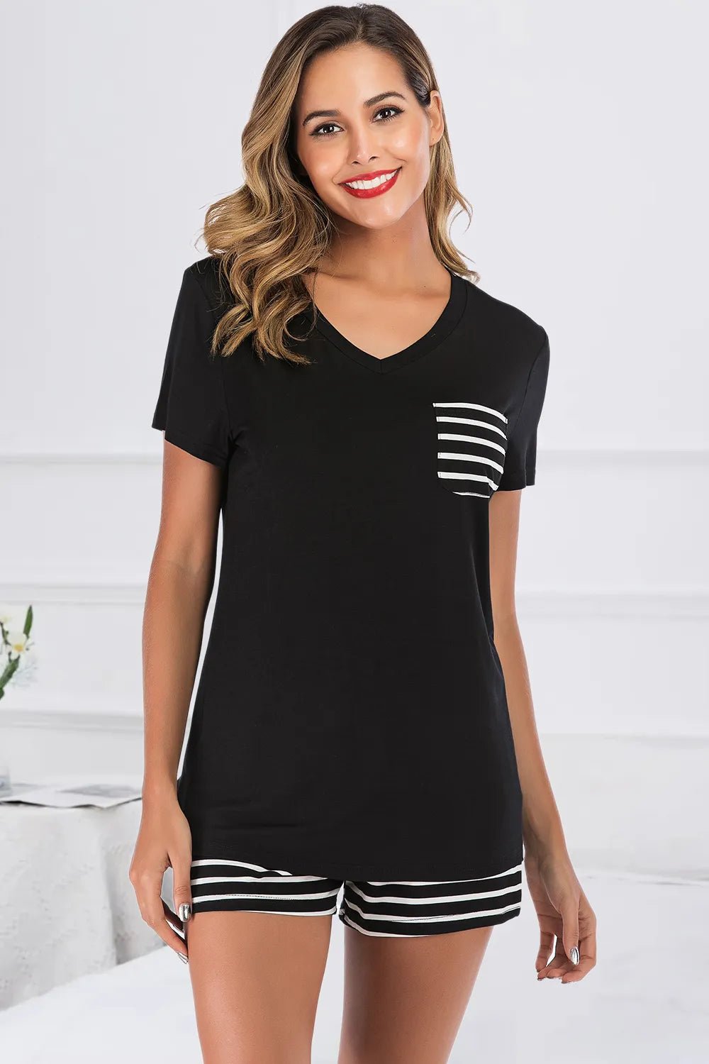 Striped Short Sleeve Top and Shorts Lounge Set - PBNJ FASHIONS