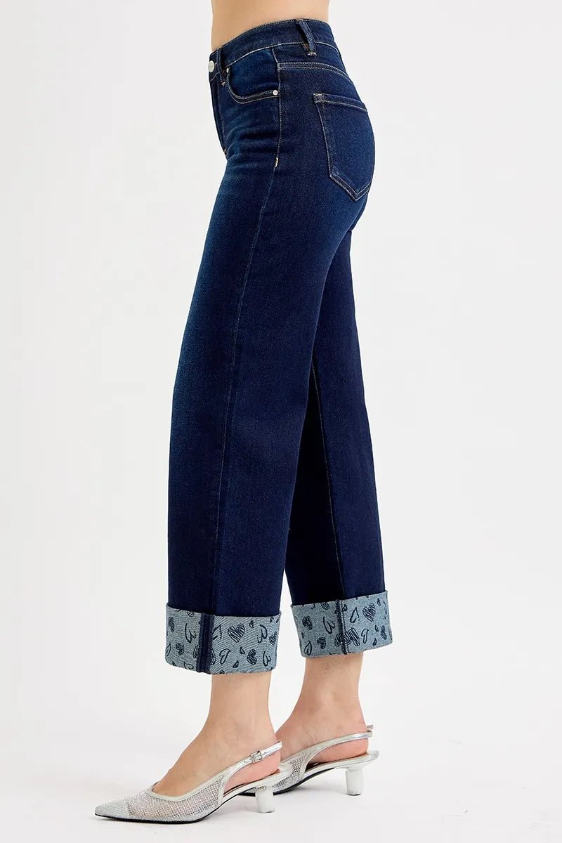 RISEN Full Size Mid Rise Fit Crop Wide With Printed Cuff Jeans Plus Size - PBNJ FASHIONS
