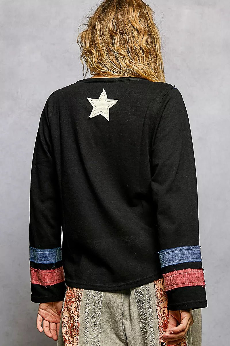 POL Double Gauze American Flag Patch V - Neck Long Sleeve T-Shirt - PBNJ FASHIONS