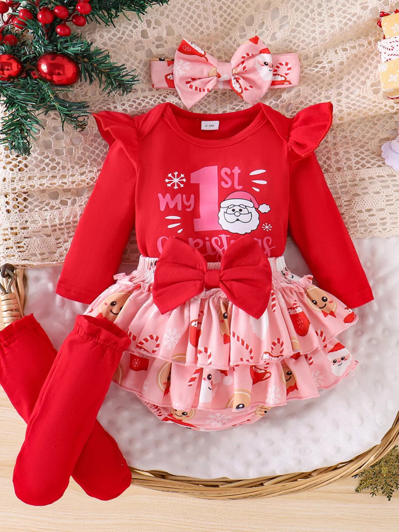 Children's Christmas Ruffled Long Sleeve Top and Skirt Set with Headband - PBNJ FASHIONS
