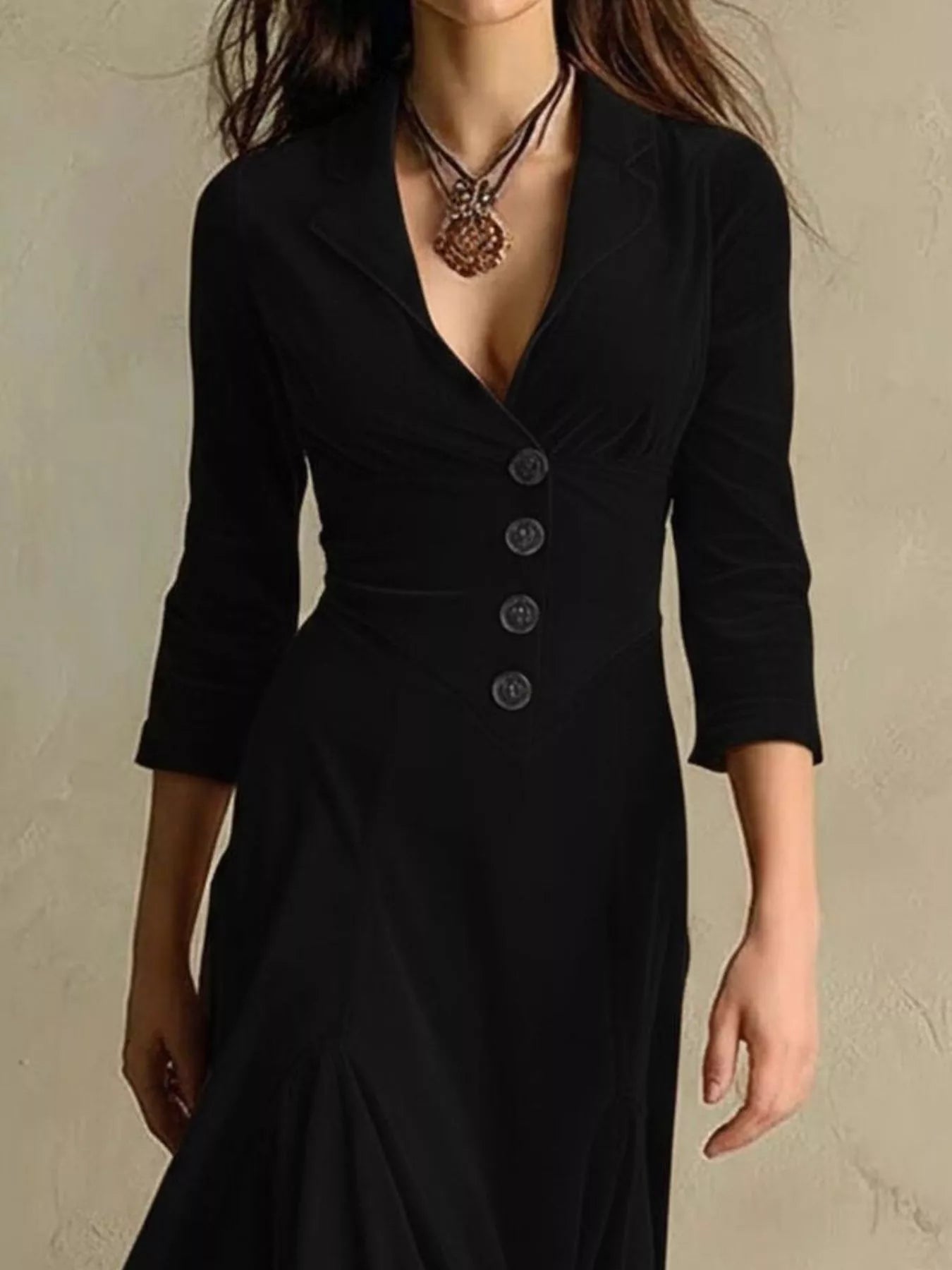 Velvet Button Front 3/4 Sleeve Maxi Dress - PBNJ FASHIONS