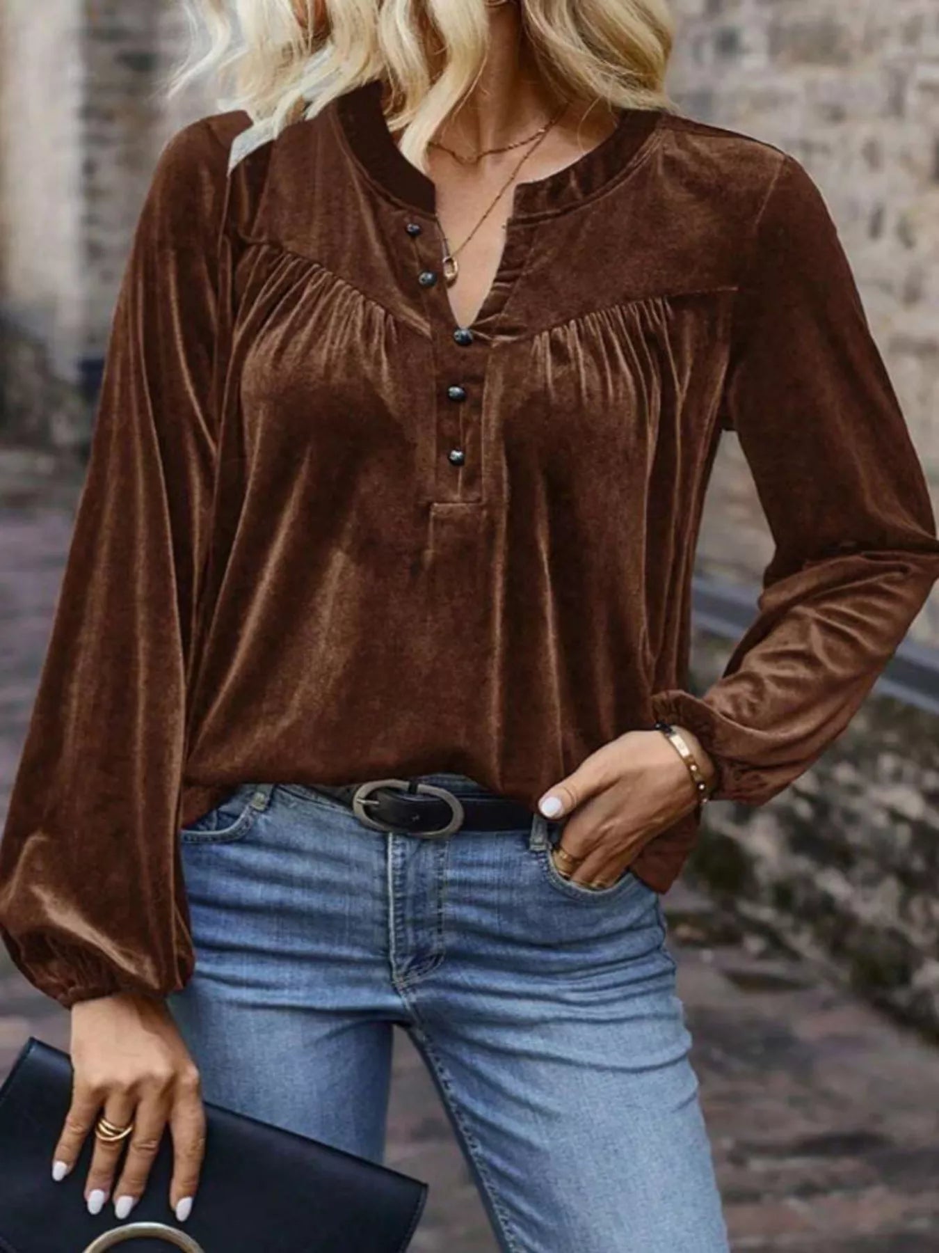 Velvet Notched Long Sleeve Blouse - PBNJ FASHIONS