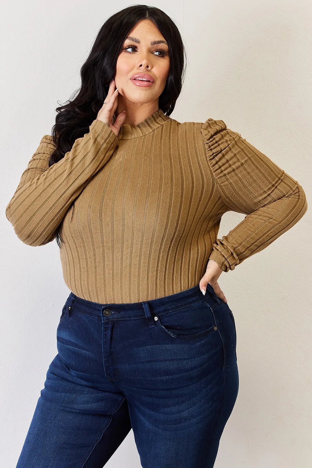 Basic Bae Full Size Ribbed Mock Neck Puff Sleeve T-Shirt - PBNJ FASHIONS