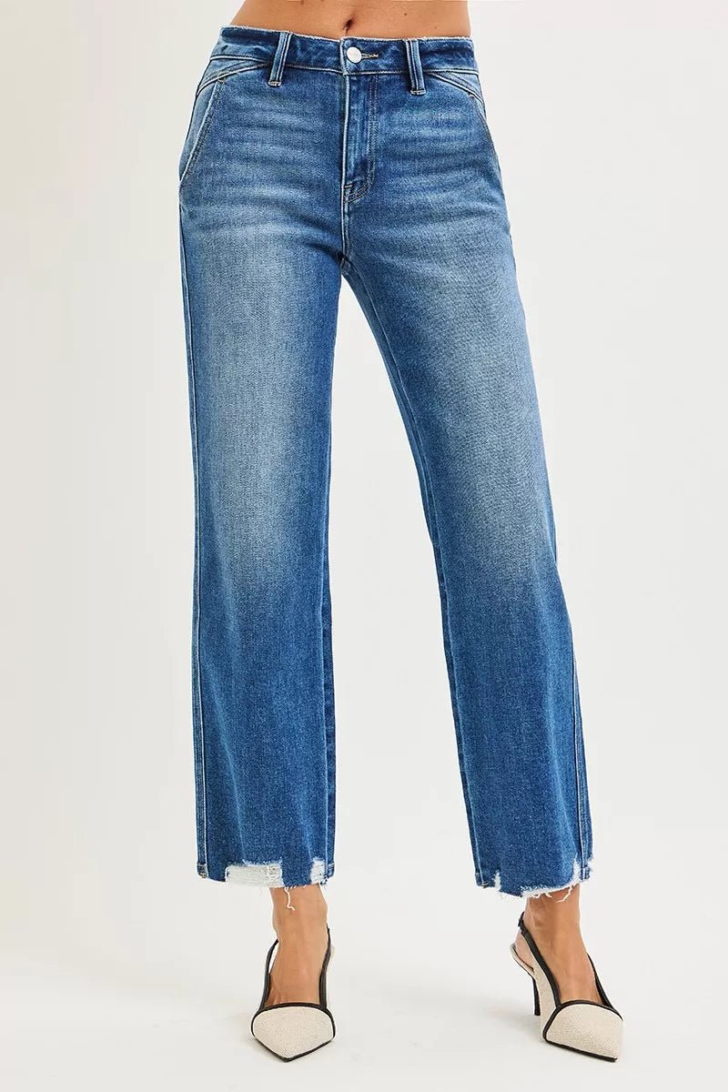 RISEN High Rise Ankle Straight Distressed Hem Detail Jeans - PBNJ FASHIONS