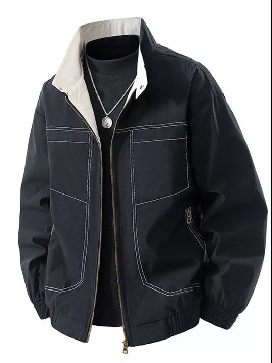 Men's Plus Size Zip Up Contrast Collar Casual Jacket - PBNJ FASHIONS