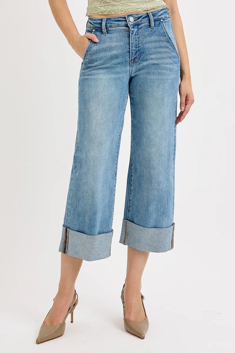RISEN Full Size Tummy Control High Rise Ankle Wide Cuffed Jeans Plus Size - PBNJ FASHIONS