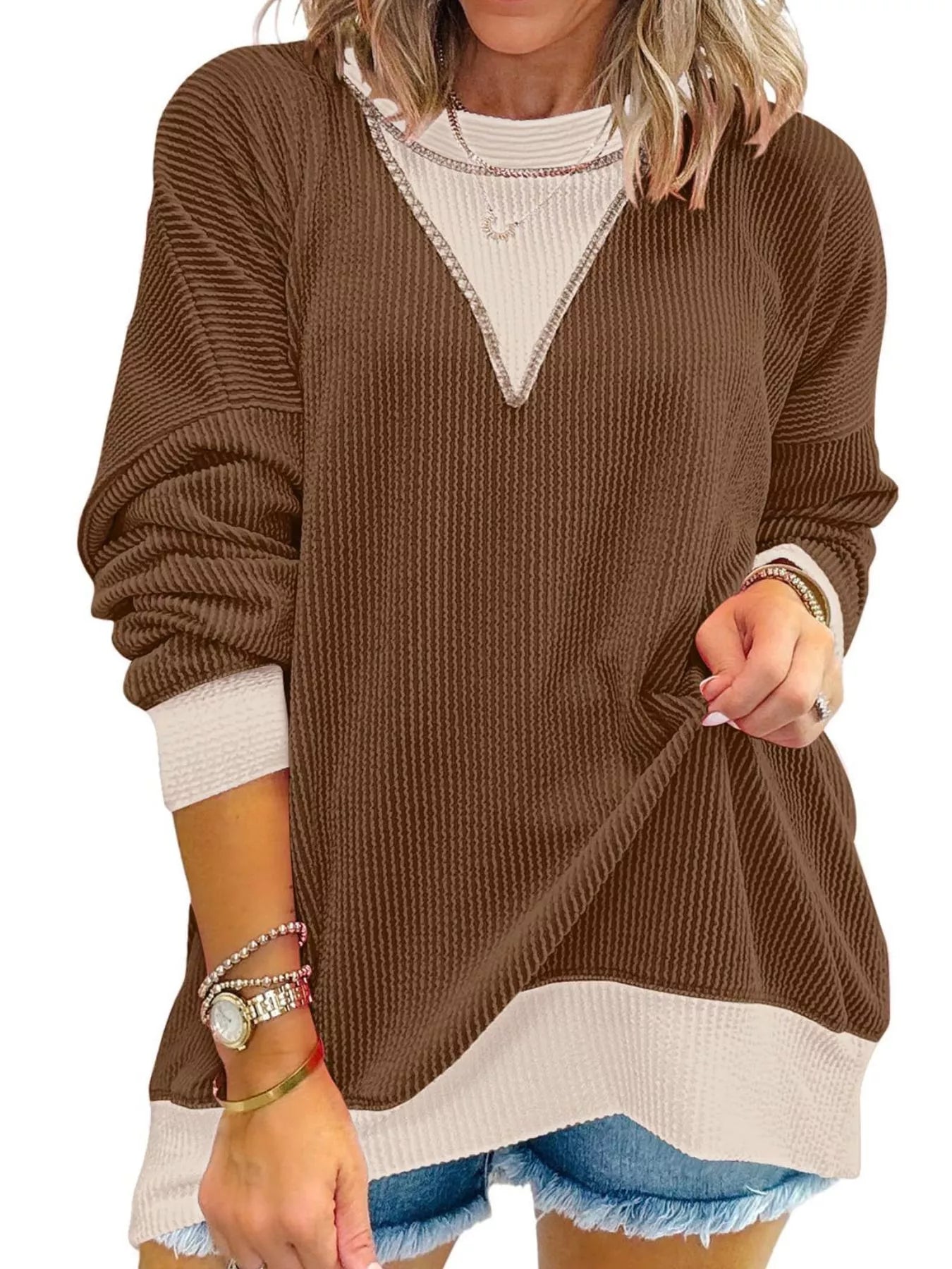 Contrast Dropped Shoulder Sweatshirt - PBNJ FASHIONS