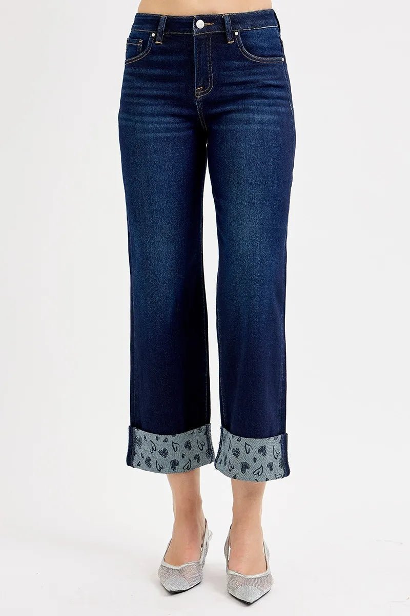 RISEN Full Size Mid Rise Fit Crop Wide With Printed Cuff Jeans Plus Size - PBNJ FASHIONS