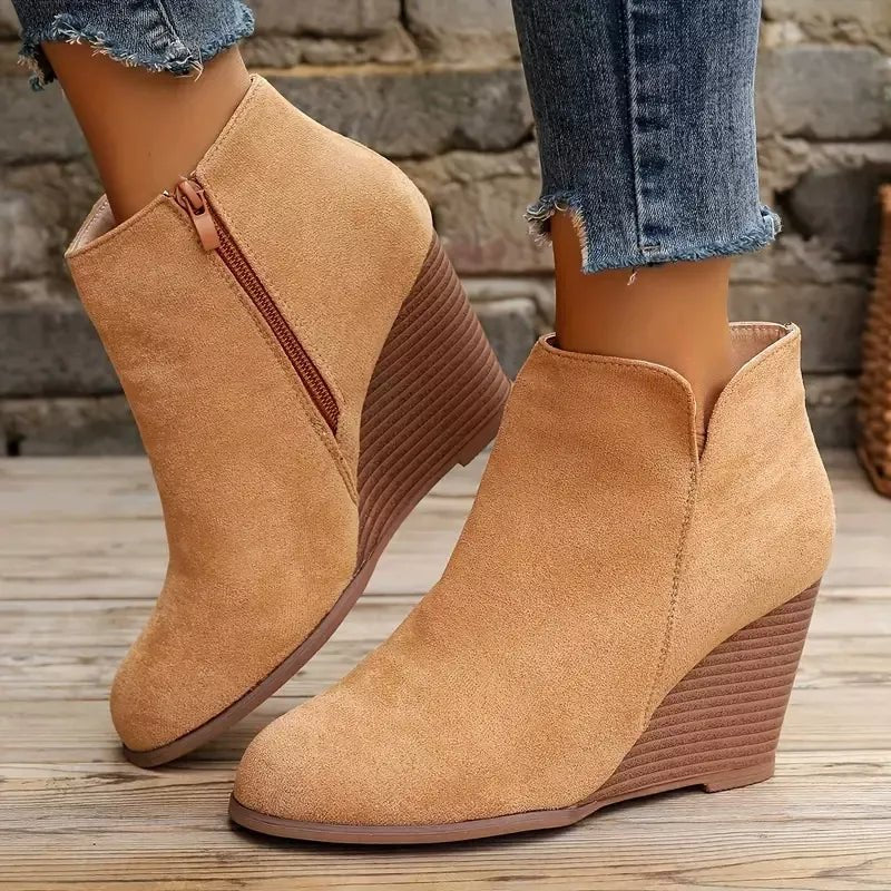 Side Zipper Wedge Boots - Heel Suede Shoes, Sizes US 5-11 - PBNJ FASHIONS