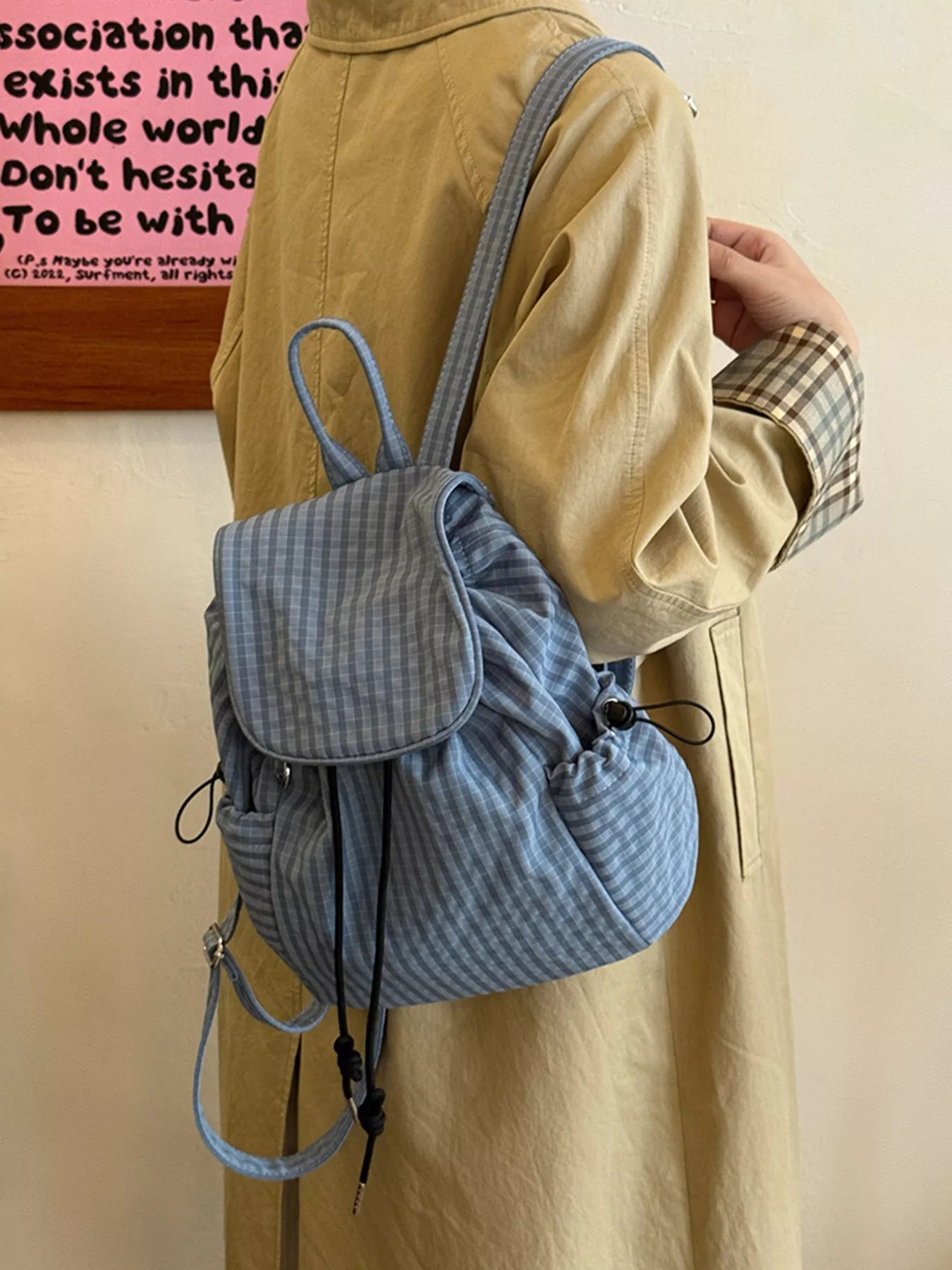 Plaid Drawstring Closure Backpack Bag - PBNJ FASHIONS