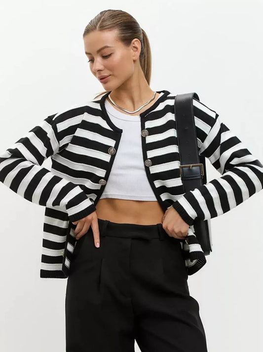 Striped Button - Down Knit Cardigan - PBNJ FASHIONS