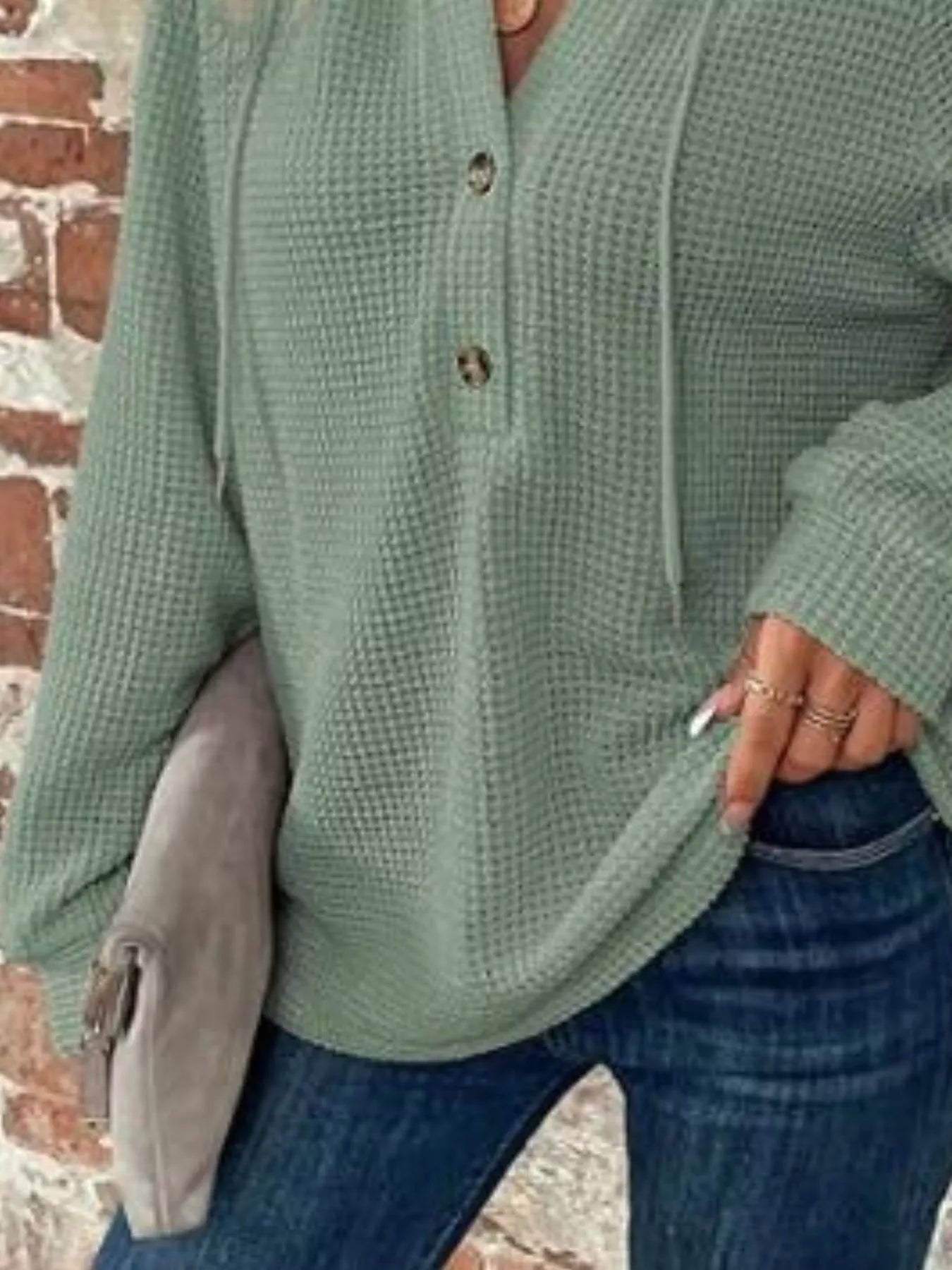 Waffle Knit Button Detail Hoodie - PBNJ FASHIONS