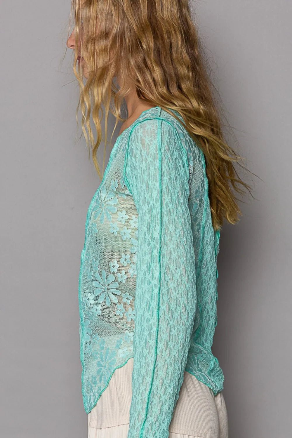 POL Exposed Seam Long Sleeve Lace Knit Top - PBNJ FASHIONS