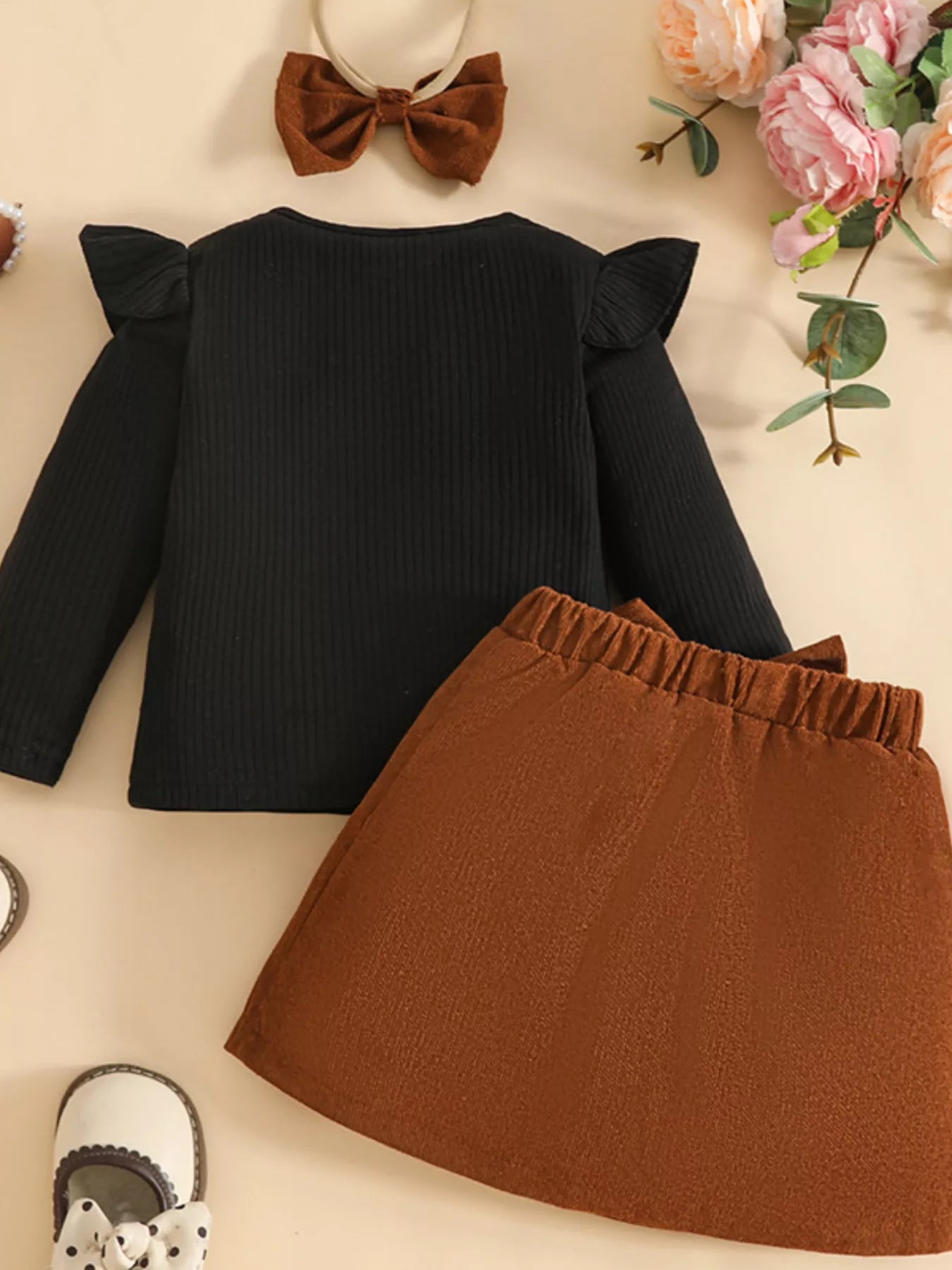 Children's Ribbed Knit Top and Bowknot Skirt Set with Headband - PBNJ FASHIONS