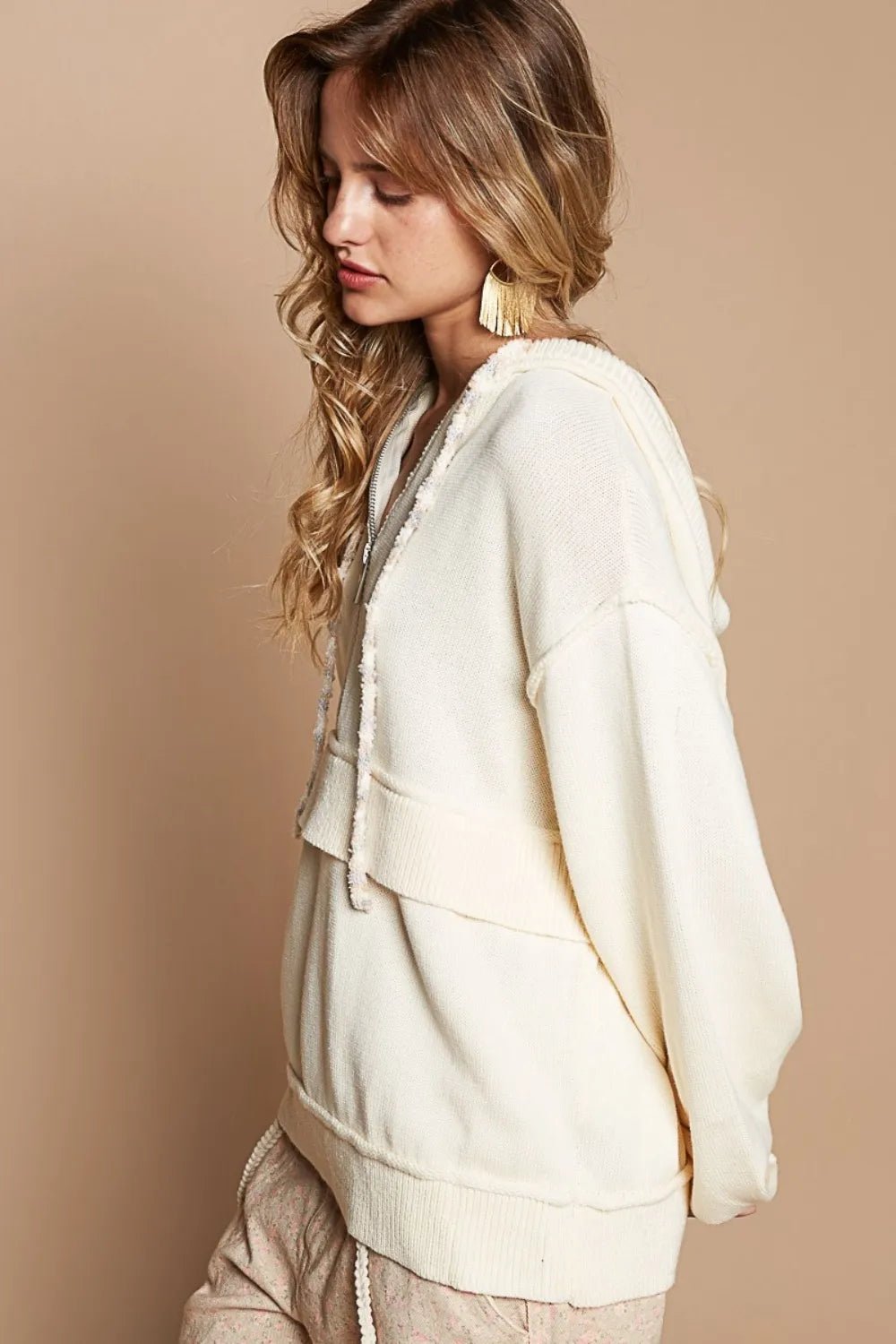 POL Half Zip Drop Shoulder Hooded Sweater - PBNJ FASHIONS