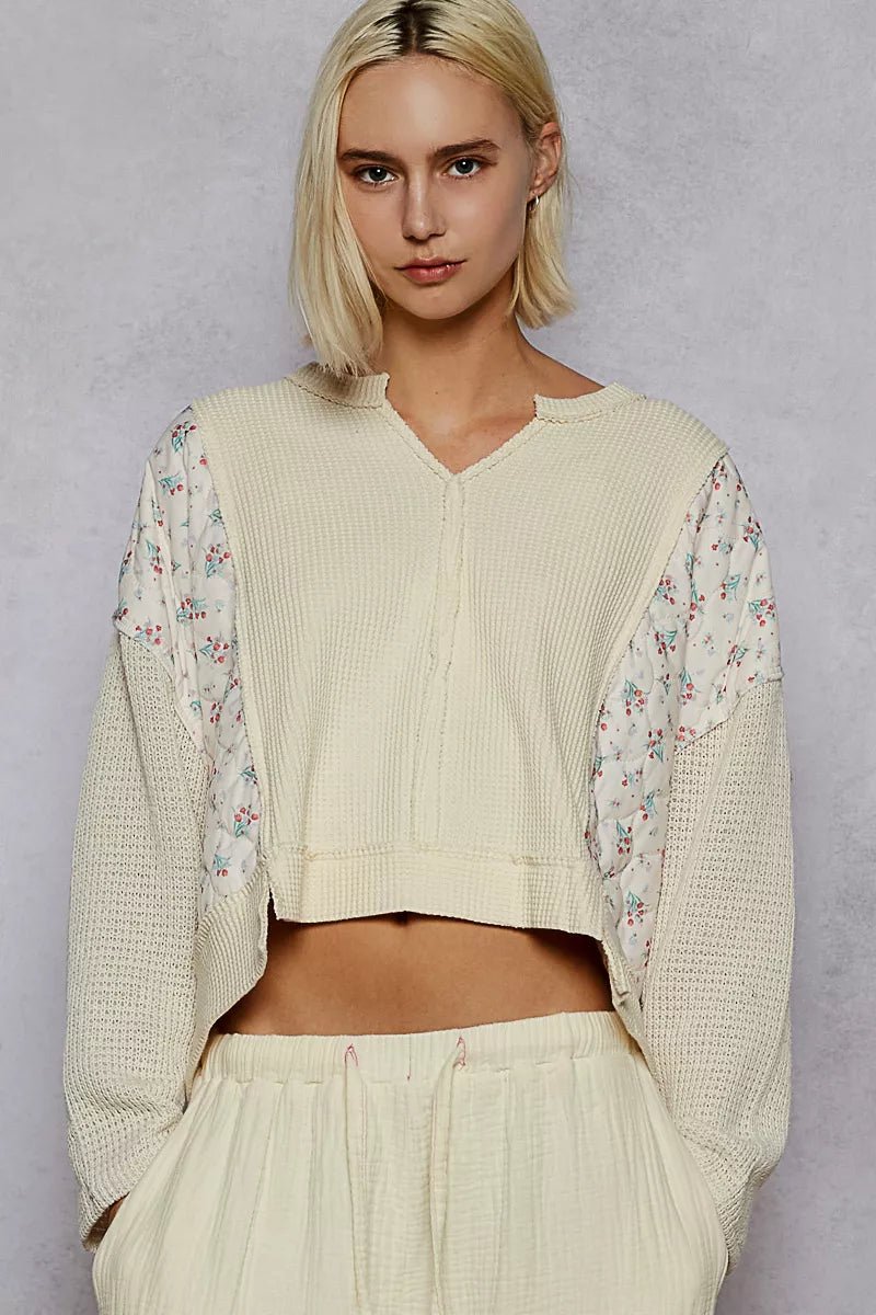 POL Mix Thermal Floral Pattern Quilted Knit Cropped Top with Raw Edge Detail - PBNJ FASHIONS