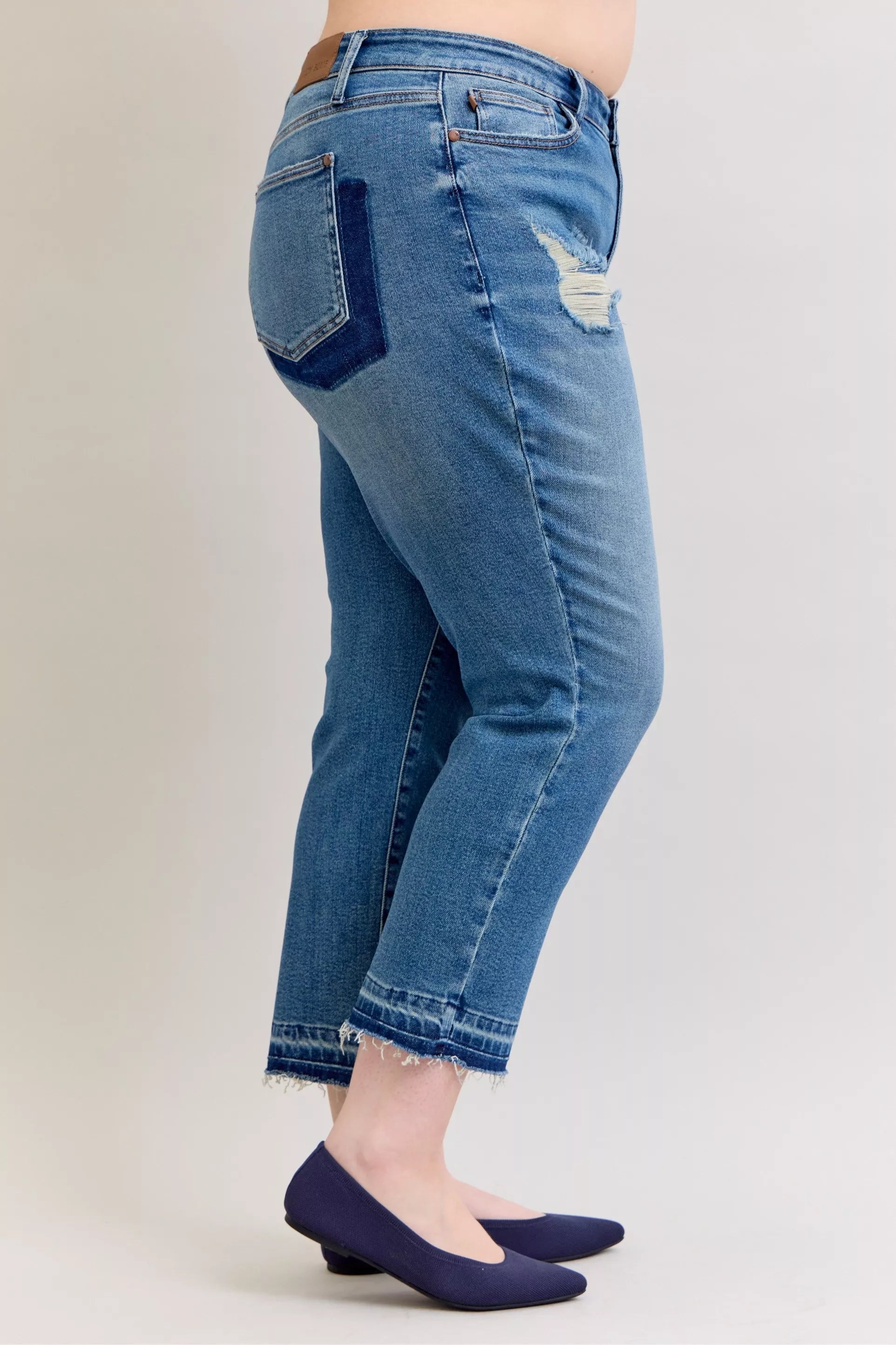 Judy Blue Full Size Mid Rise Bf Patch & Repair Destroy Release Hem Jeans Plus Size - PBNJ FASHIONS