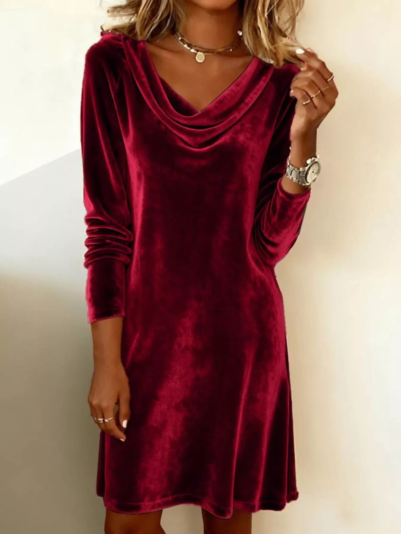 Velvet Cowl Neck Long Sleeve Mini Dress - PBNJ FASHIONS