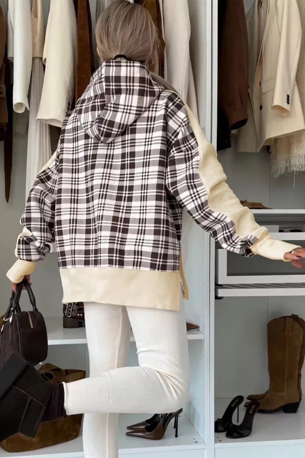 Plaid Side Slit Long Sleeve Hoodie - PBNJ FASHIONS