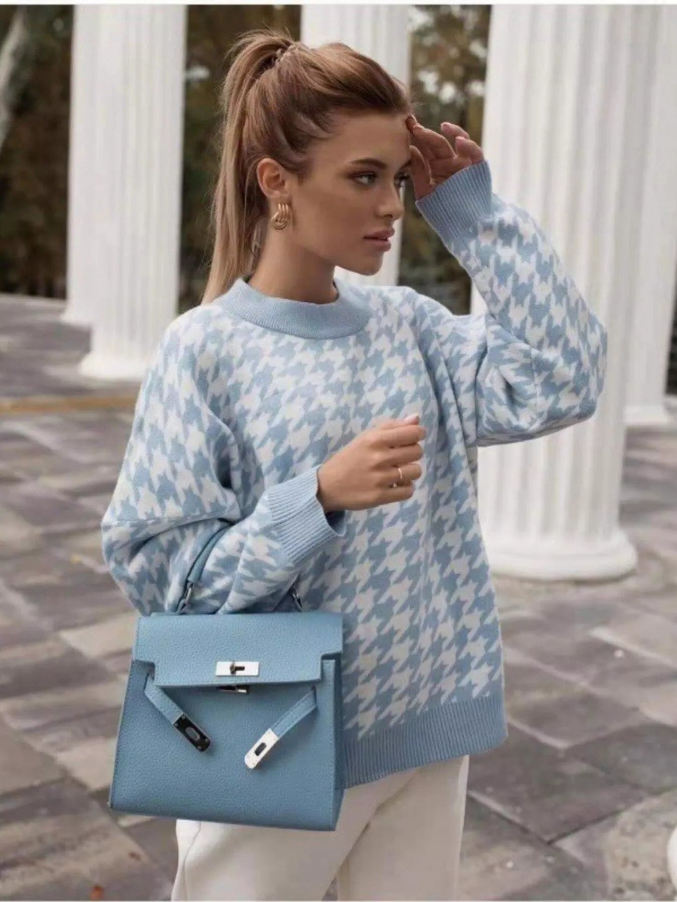 Full Size Houndstooth Pattern Oversized Sweater Plus Size - PBNJ FASHIONS
