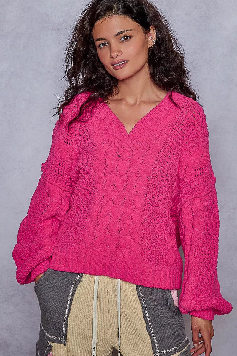 POL Cable - Knit Solid V - Neck Cropped Sweater - PBNJ FASHIONS