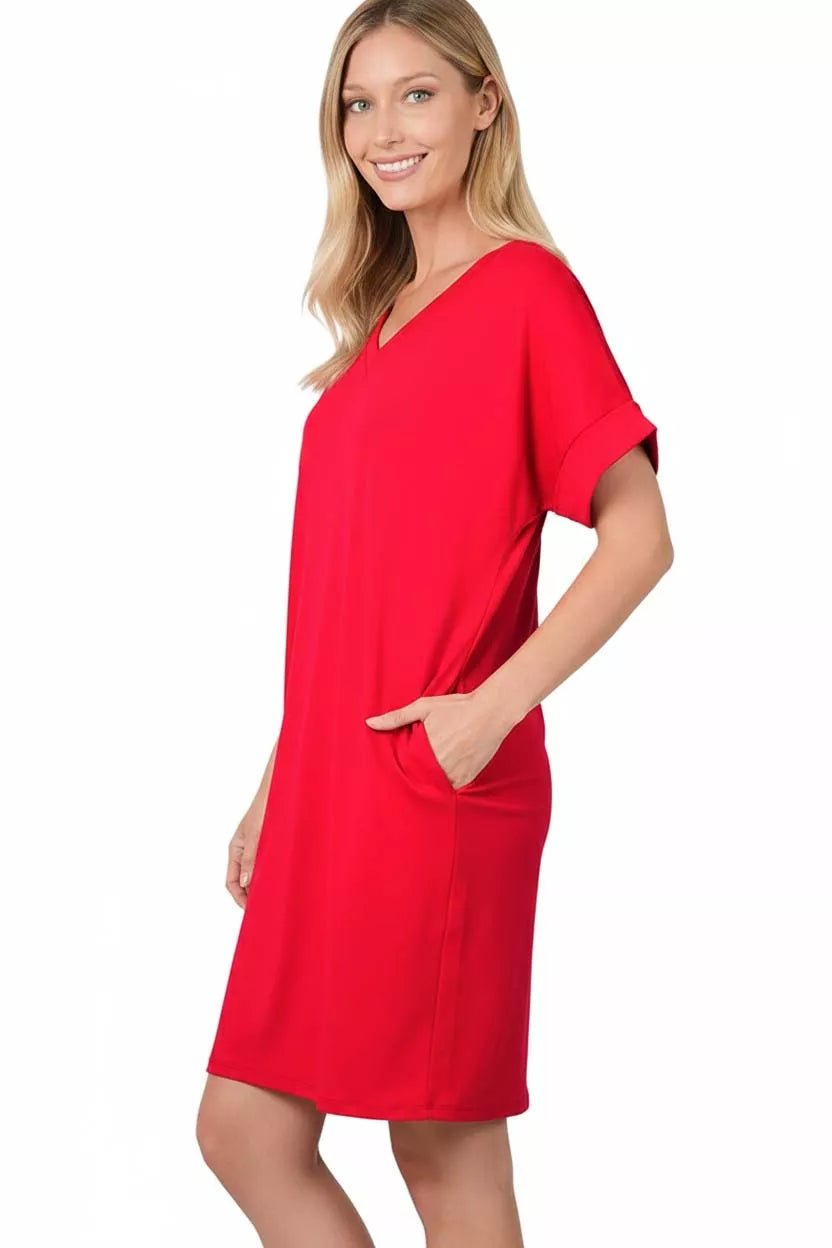 Zenana Brushed Dty Rolled Short Sleeve V - Neck Dress - PBNJ FASHIONS