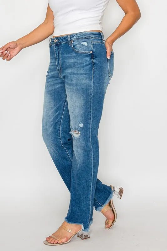 bytos Full Size Raw Hem Distressed Mid Rise Straight Jeans - PBNJ FASHIONS