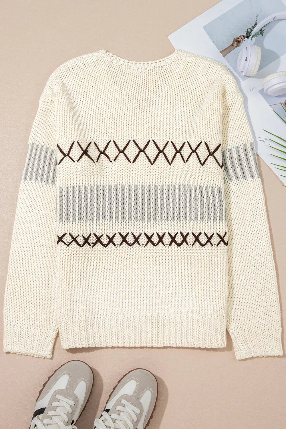 V - Neck Knit Long Sleeve Sweater - PBNJ FASHIONS