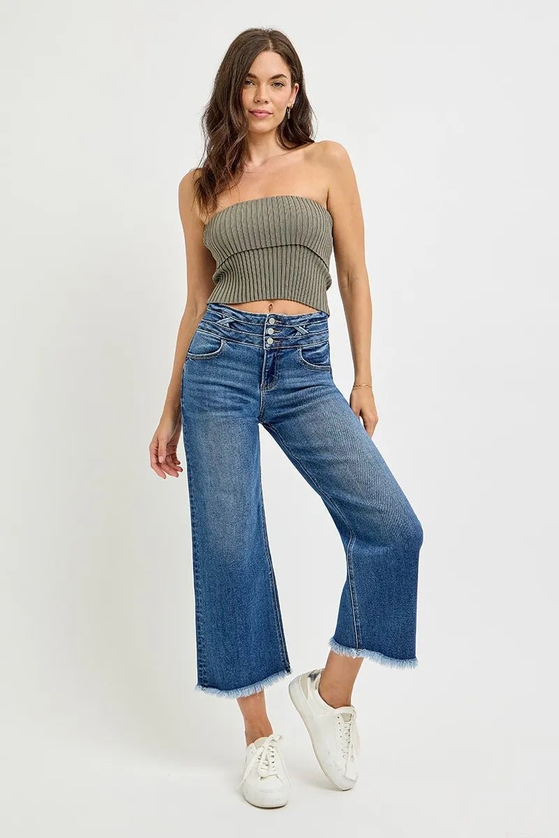 RISEN High Rise Crop Wide Leg Jeans with Wide Band Detail - PBNJ FASHIONS
