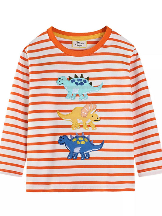 Children's Dinosaur Applique Striped Long Sleeve T-Shirt - PBNJ FASHIONS