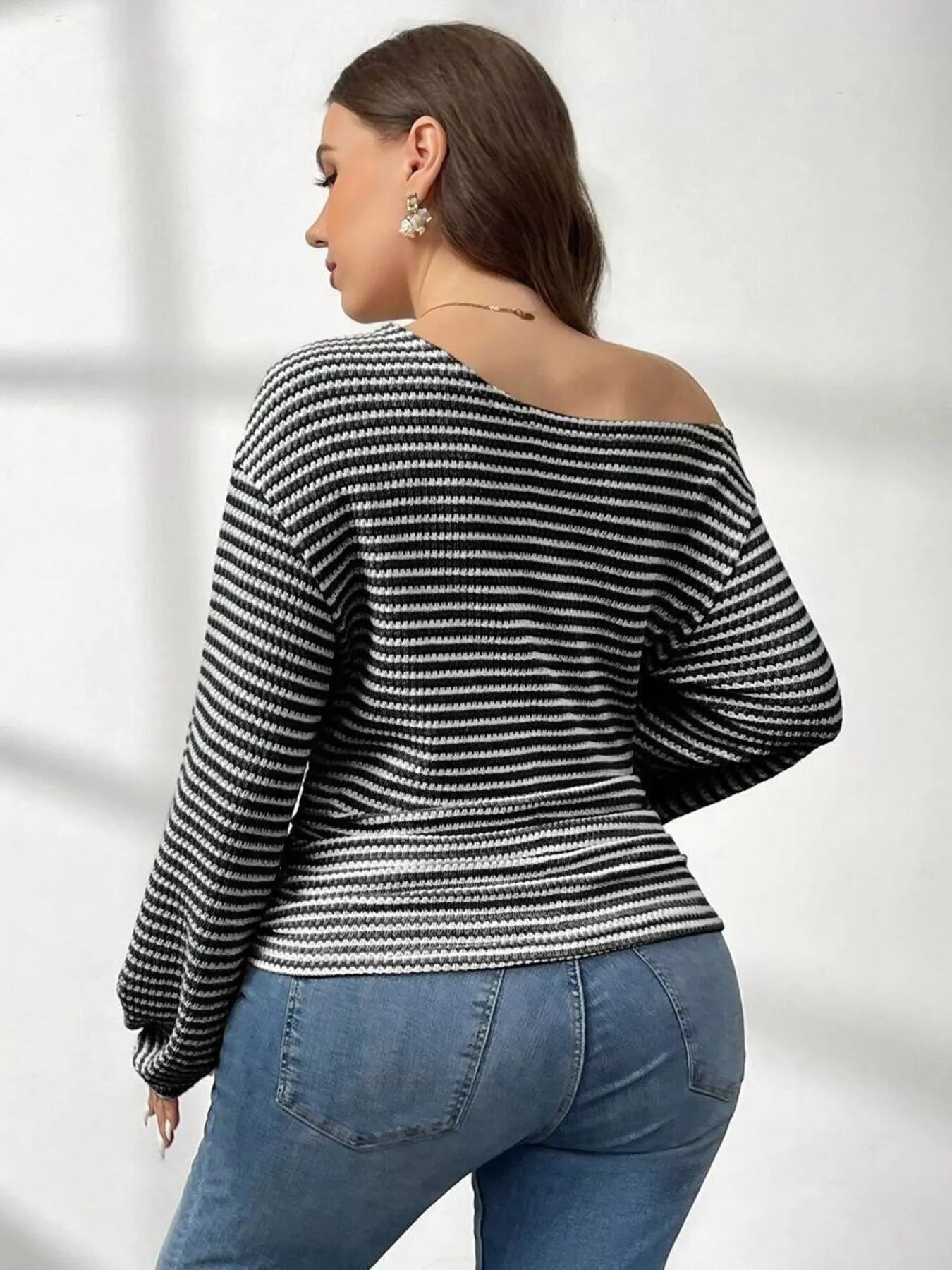 Plus Size Striped One - Shoulder Long Sleeve T-Shirt - PBNJ FASHIONS