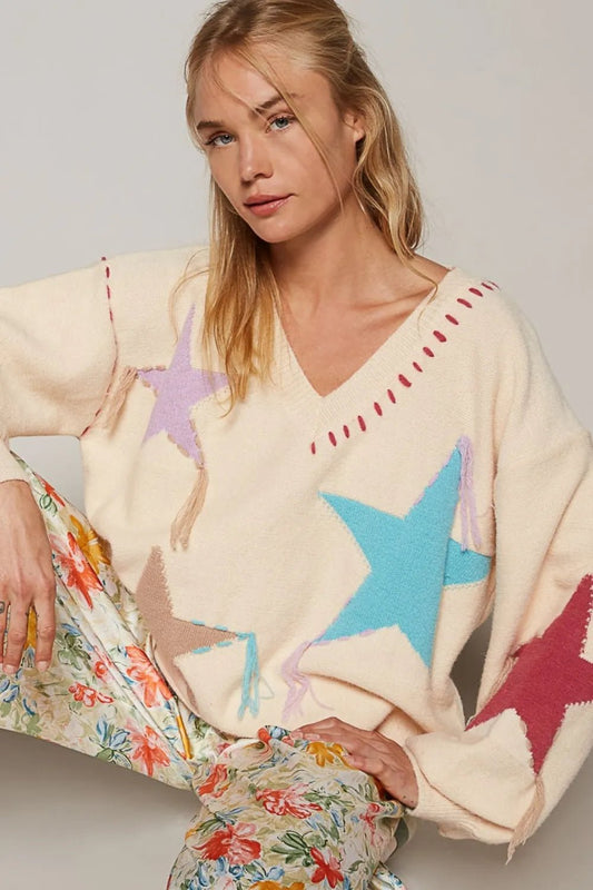 POL V - Neck Long Sleeve Star Fringe Sweater - PBNJ FASHIONS