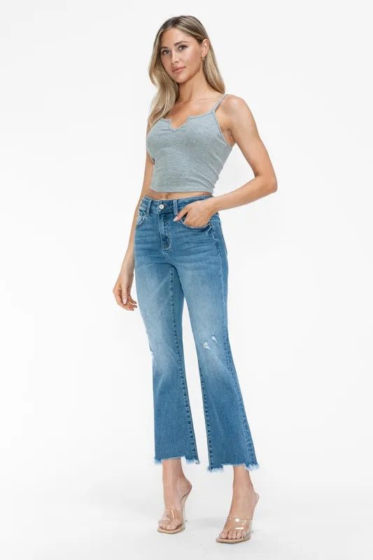 bytos Raw Hem Distressed Mid Rise Crop Jeans - PBNJ FASHIONS