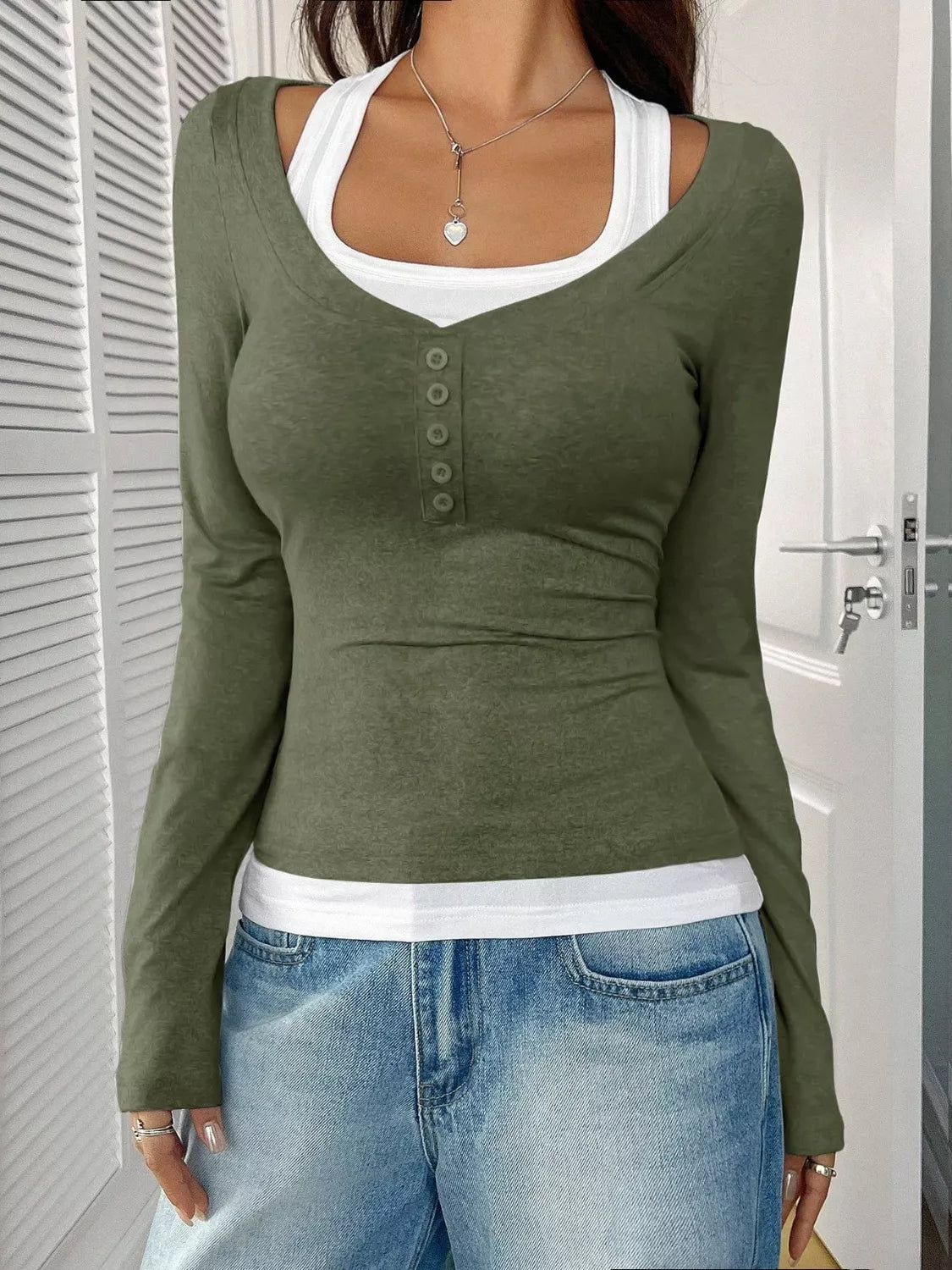 Contrast Long Sleeve Fake Two - Piece T-Shirt - PBNJ FASHIONS