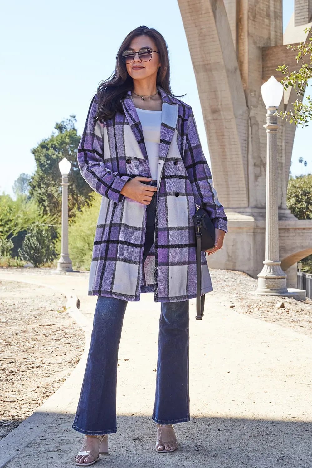 Double Take Full Size Plaid Button Up Lapel Collar Coat - PBNJ FASHIONS