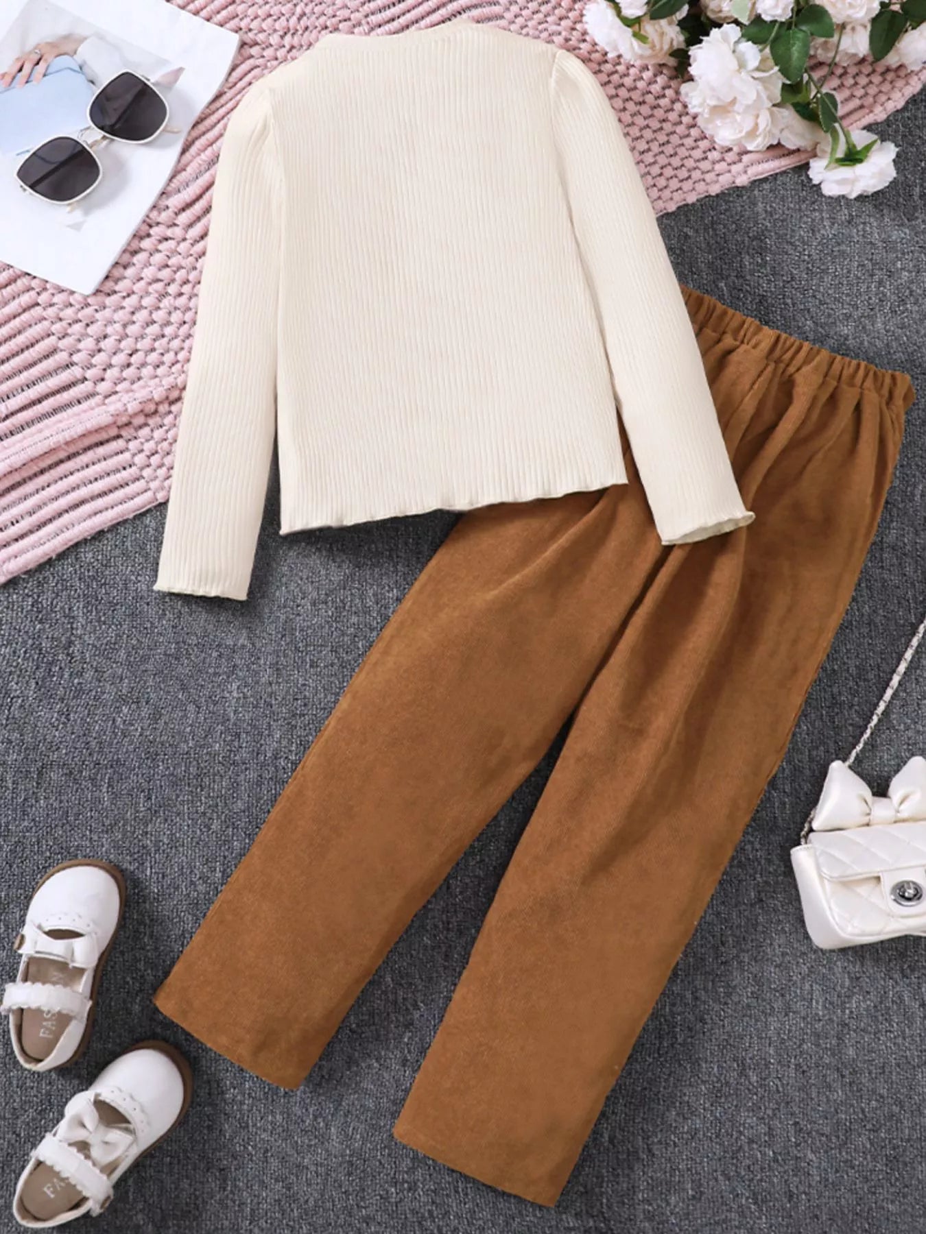 Children's Ruffle Trim Ribbed Top & Corduroy Pants Set - PBNJ FASHIONS