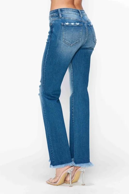 bytos Full Size Raw Hem Distressed Mid Rise Straight Jeans - PBNJ FASHIONS